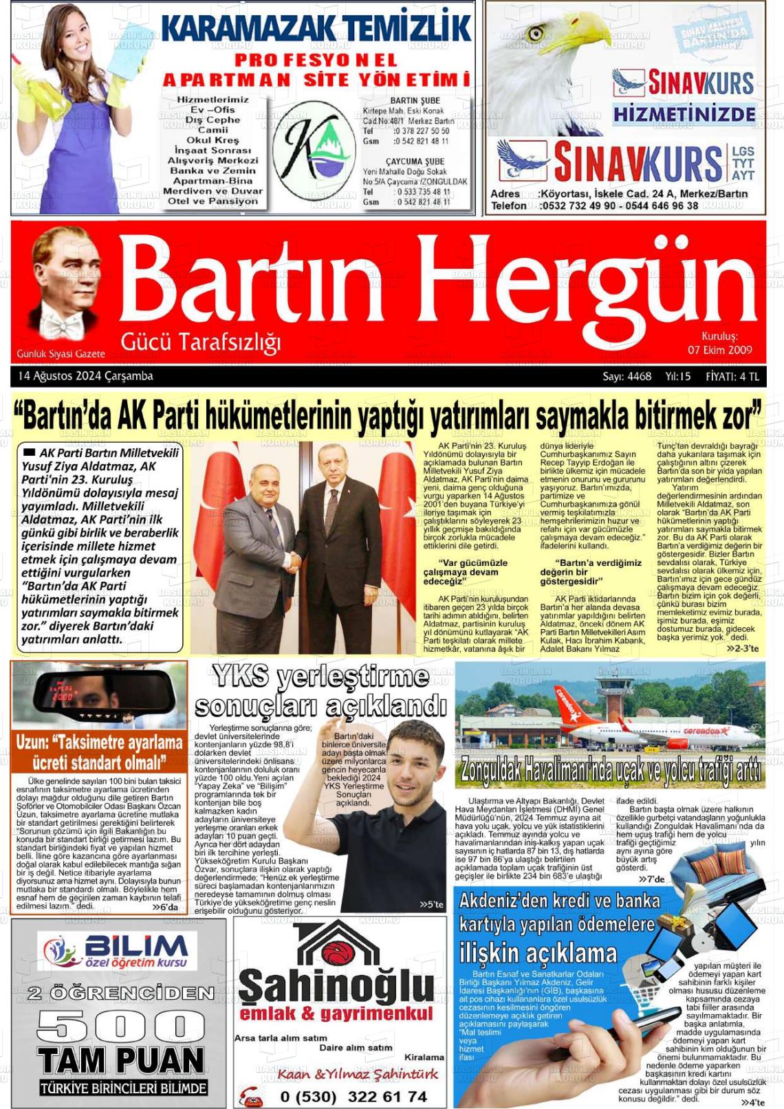 14 Ağustos 2024 Bartın Hergün Gazete Manşeti