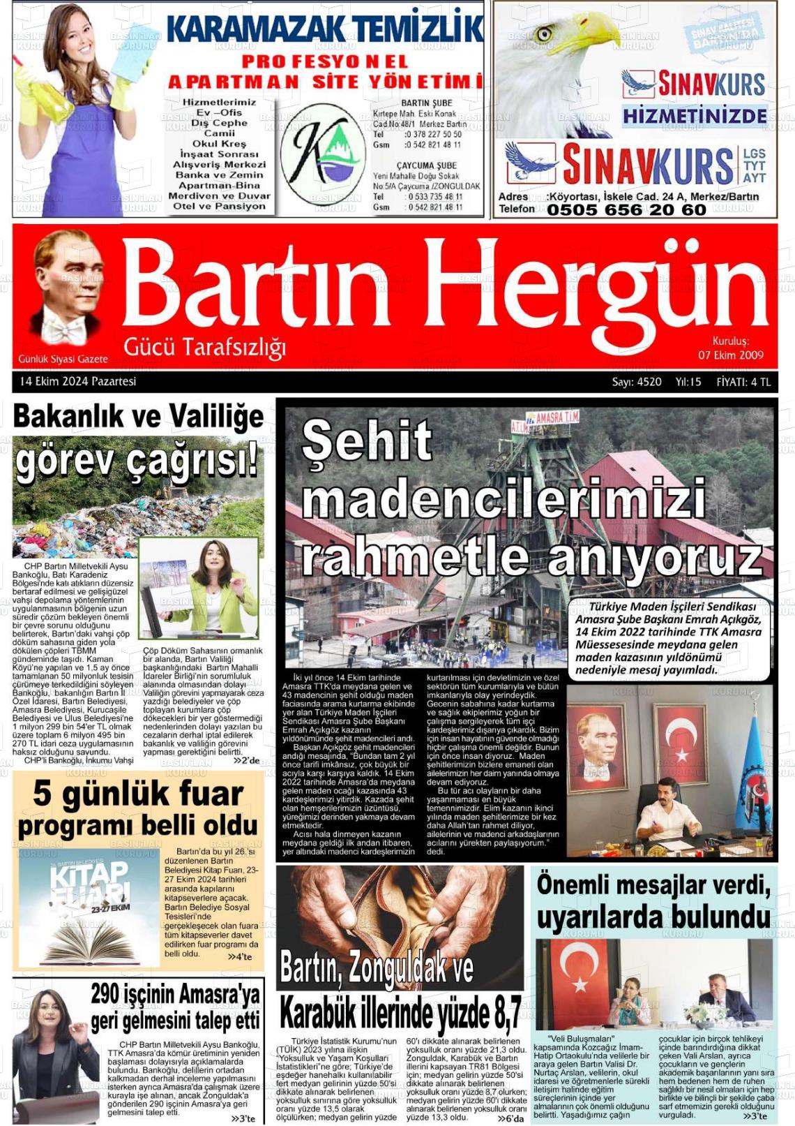 14 Ekim 2024 Bartın Hergün Gazete Manşeti