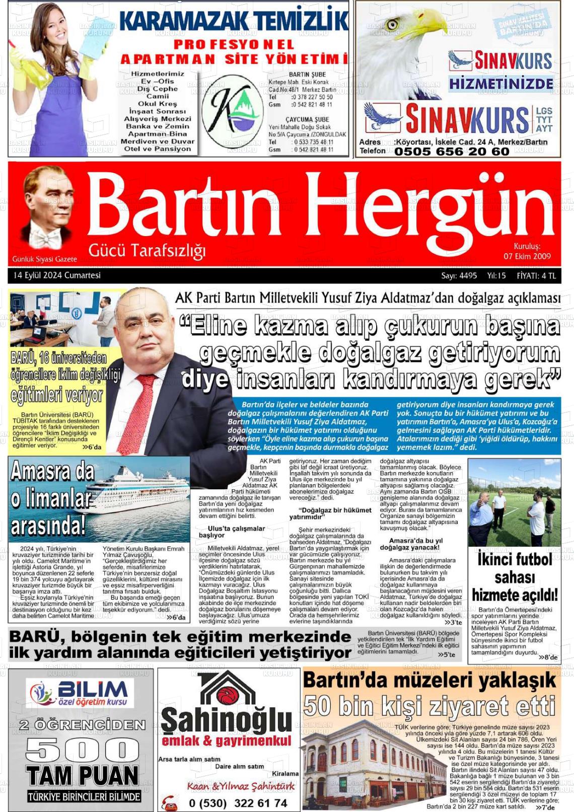 14 Eylül 2024 Bartın Hergün Gazete Manşeti