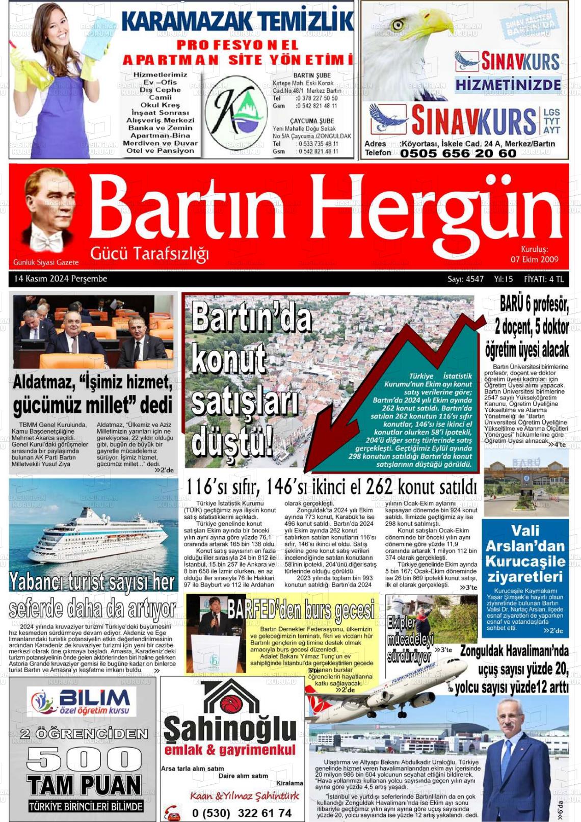 14 Kasım 2024 Bartın Hergün Gazete Manşeti