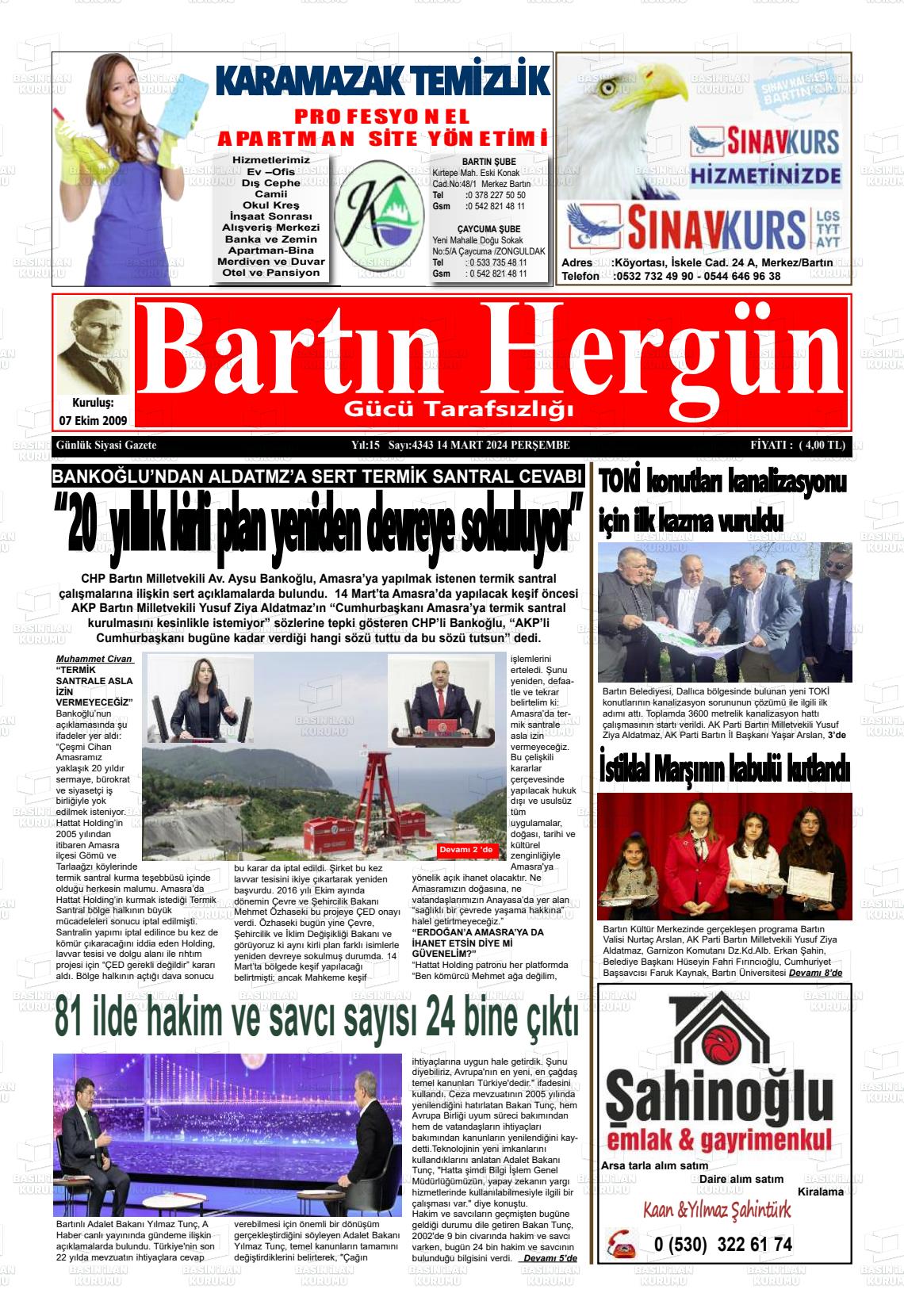 14 Mart 2024 Bartın Hergün Gazete Manşeti