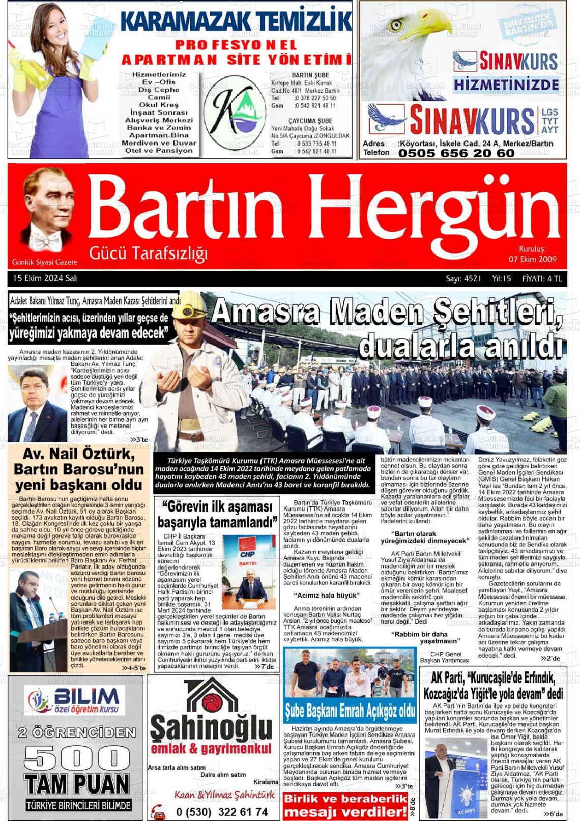 15 Ekim 2024 Bartın Hergün Gazete Manşeti