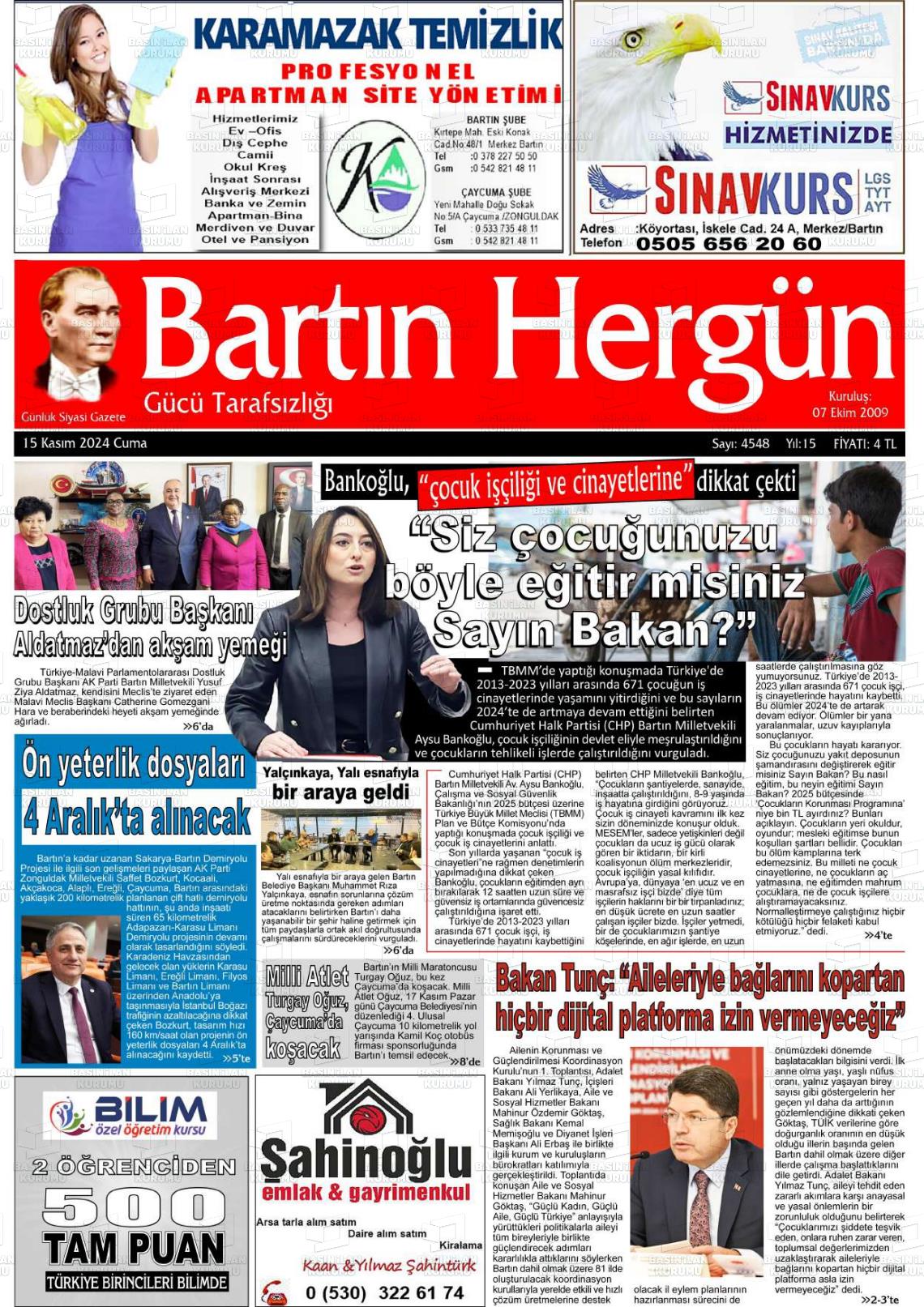 15 Kasım 2024 Bartın Hergün Gazete Manşeti