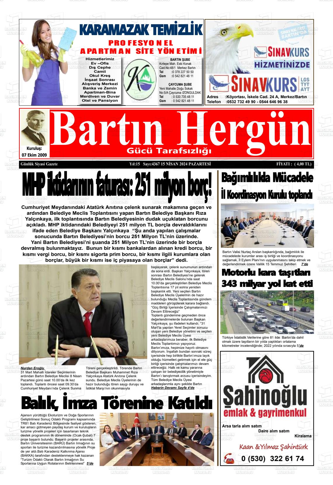 15 Nisan 2024 Bartın Hergün Gazete Manşeti