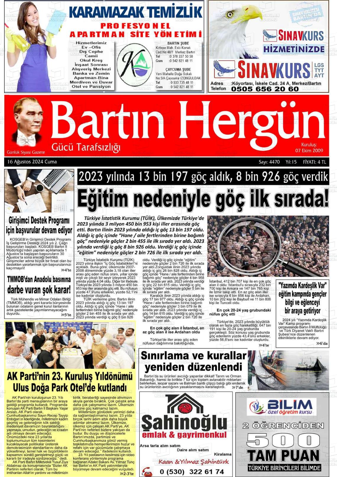 16 Ağustos 2024 Bartın Hergün Gazete Manşeti