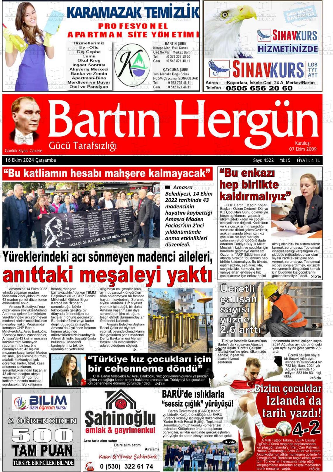 16 Ekim 2024 Bartın Hergün Gazete Manşeti