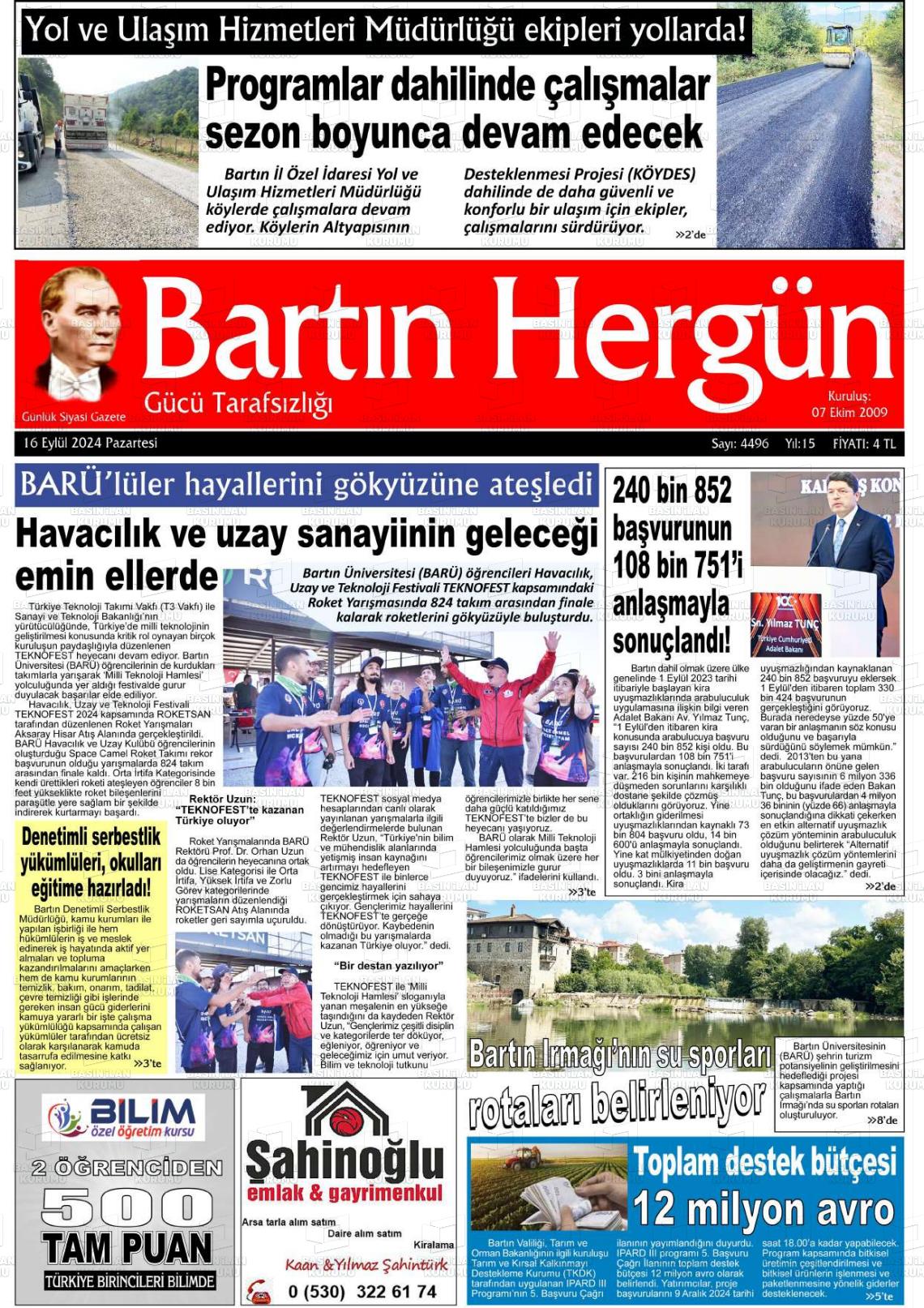 16 Eylül 2024 Bartın Hergün Gazete Manşeti