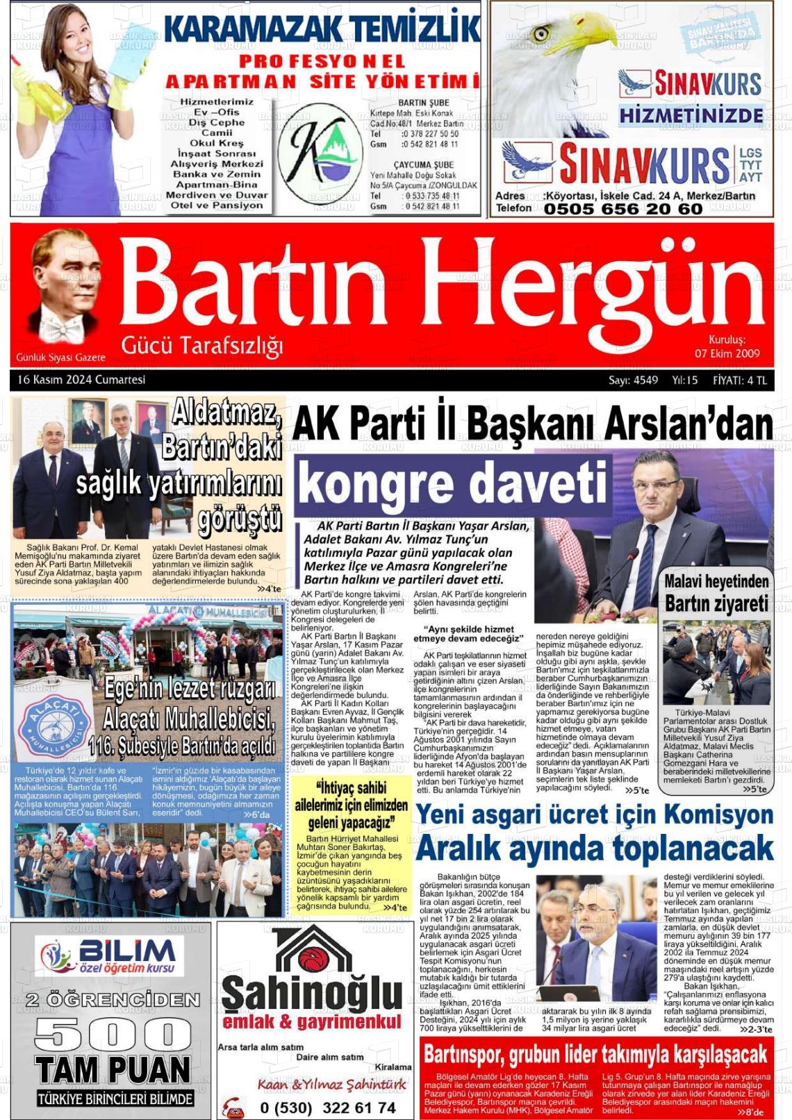 16 Kasım 2024 Bartın Hergün Gazete Manşeti