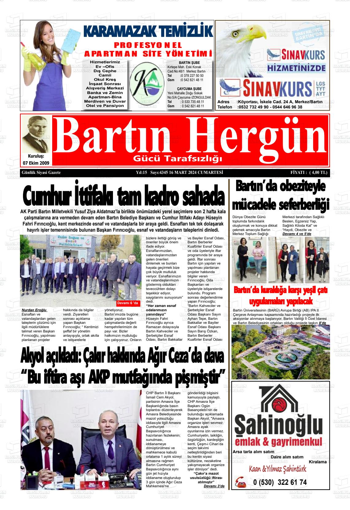 16 Mart 2024 Bartın Hergün Gazete Manşeti