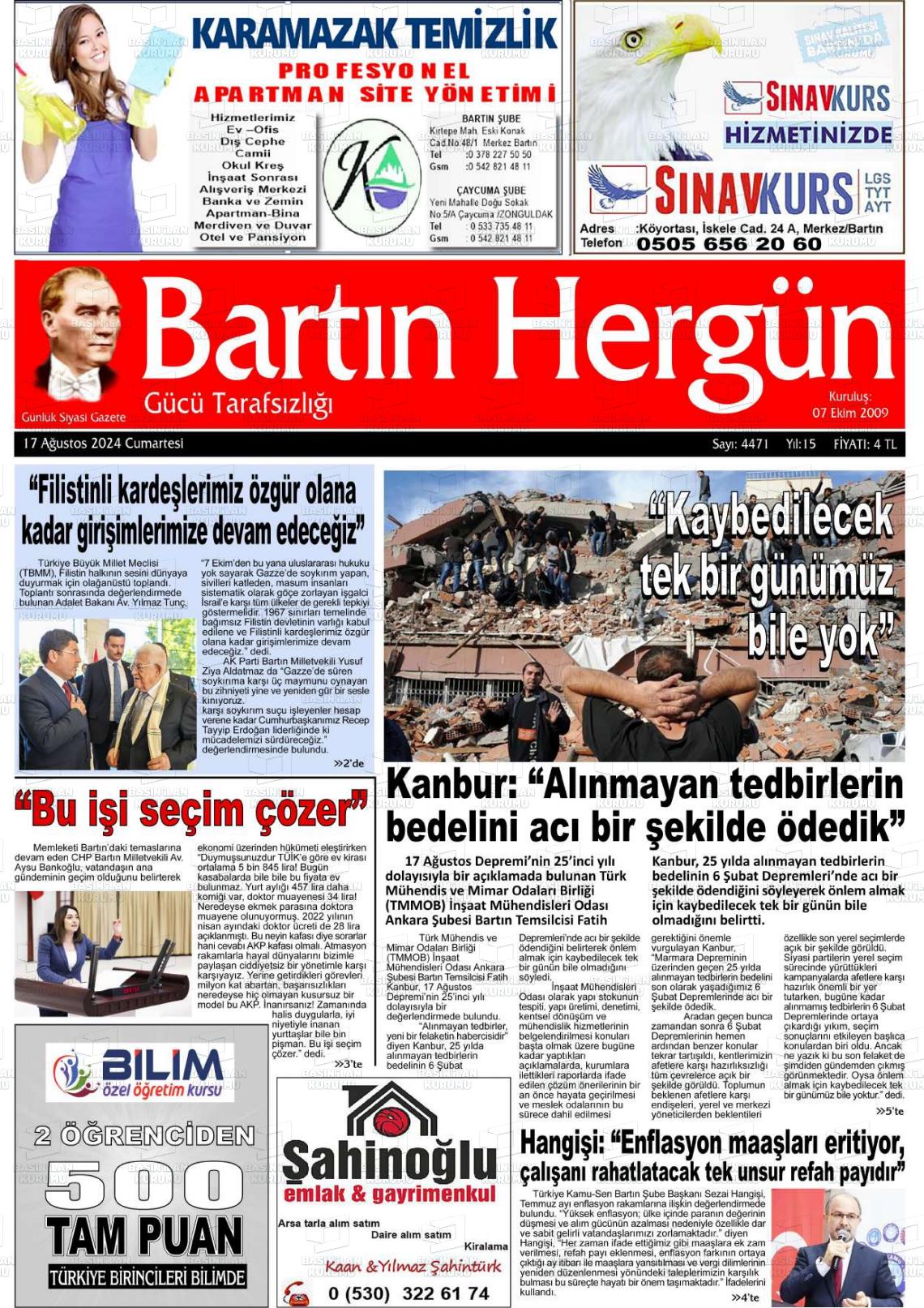 17 Ağustos 2024 Bartın Hergün Gazete Manşeti