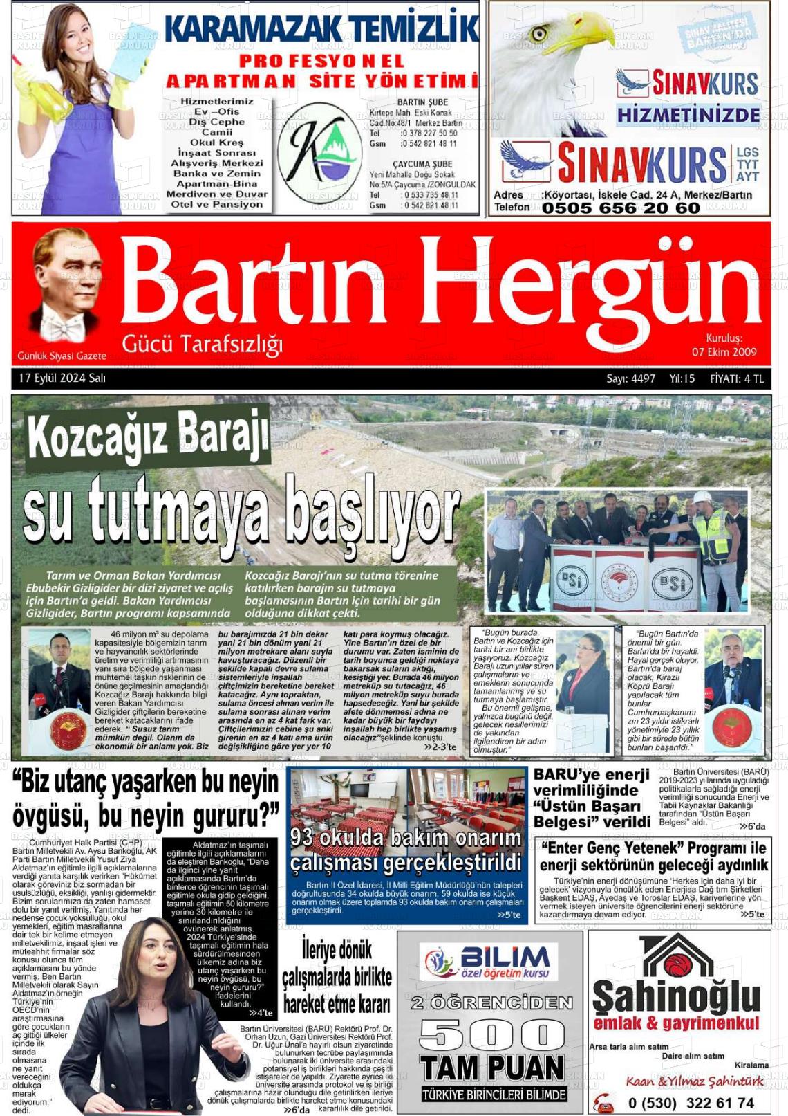 17 Eylül 2024 Bartın Hergün Gazete Manşeti