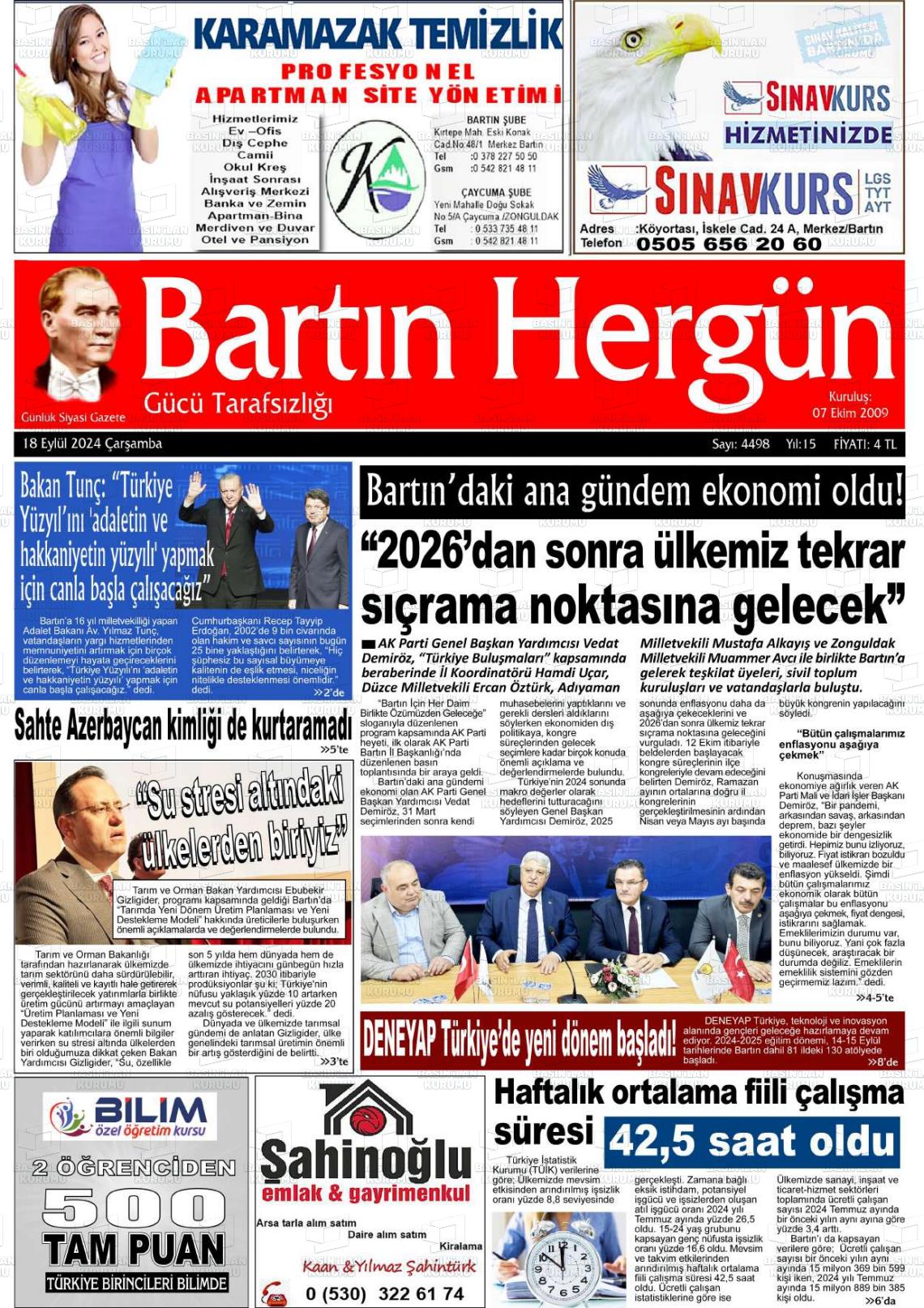 18 Eylül 2024 Bartın Hergün Gazete Manşeti