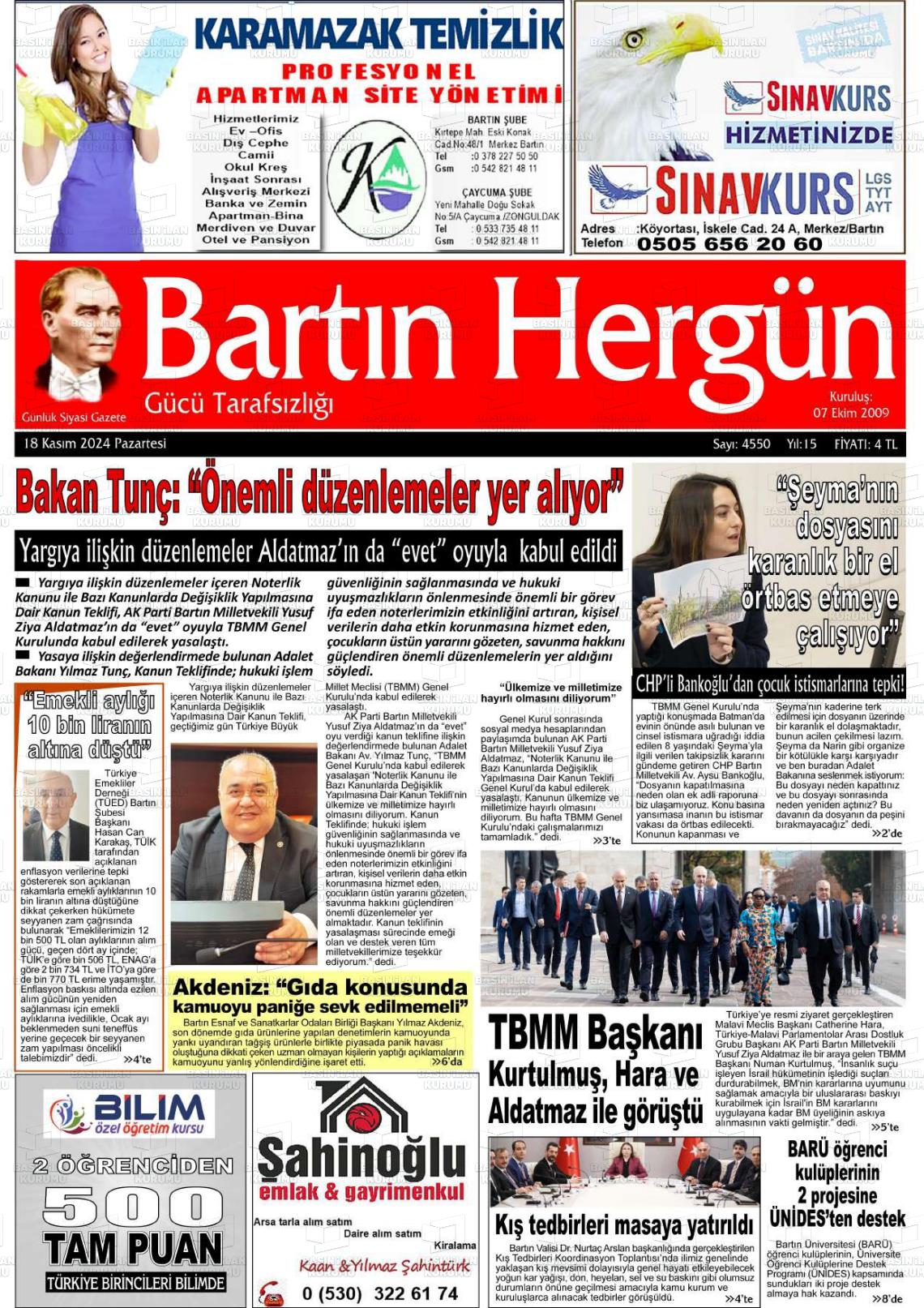 18 Kasım 2024 Bartın Hergün Gazete Manşeti