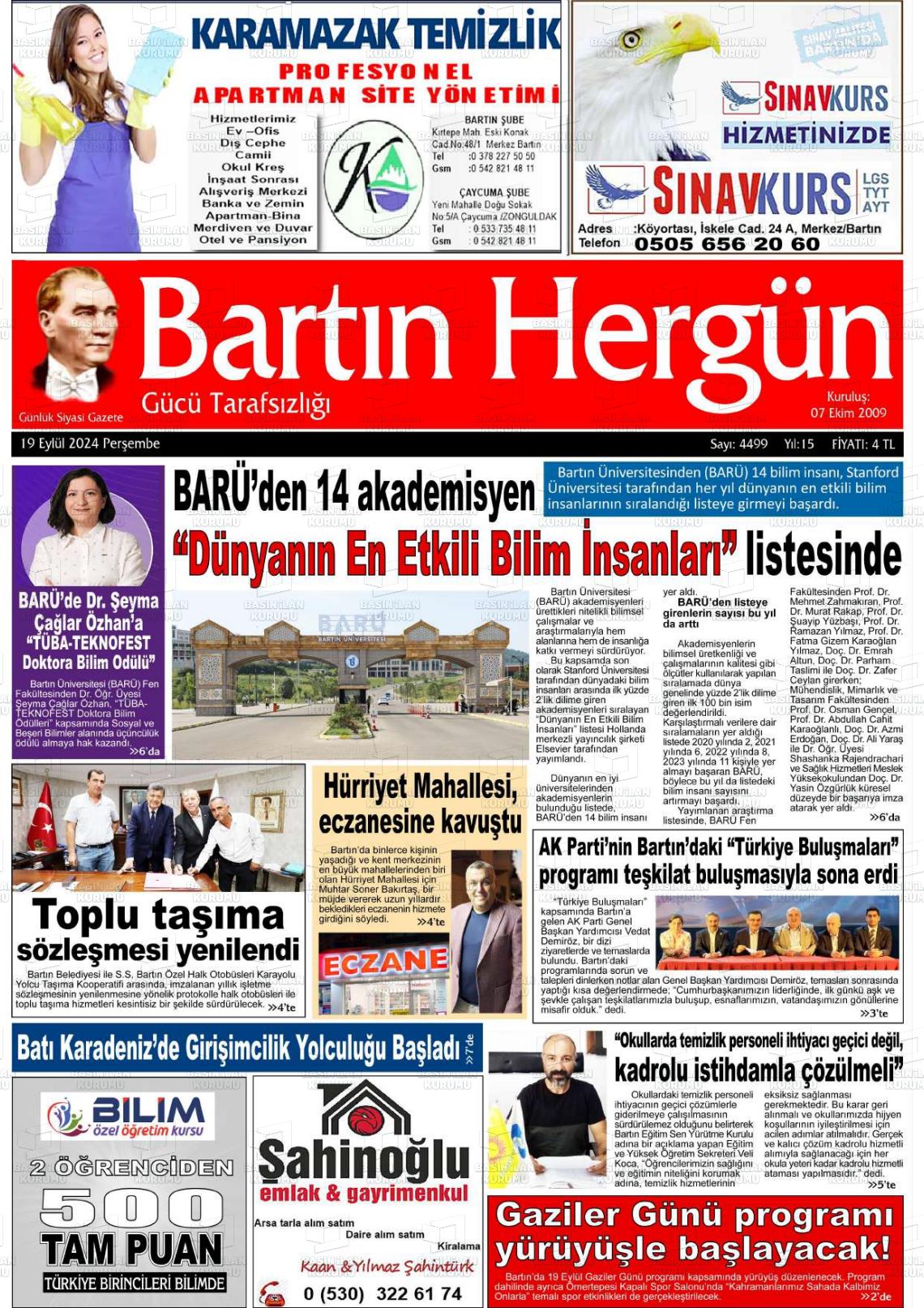 19 Eylül 2024 Bartın Hergün Gazete Manşeti