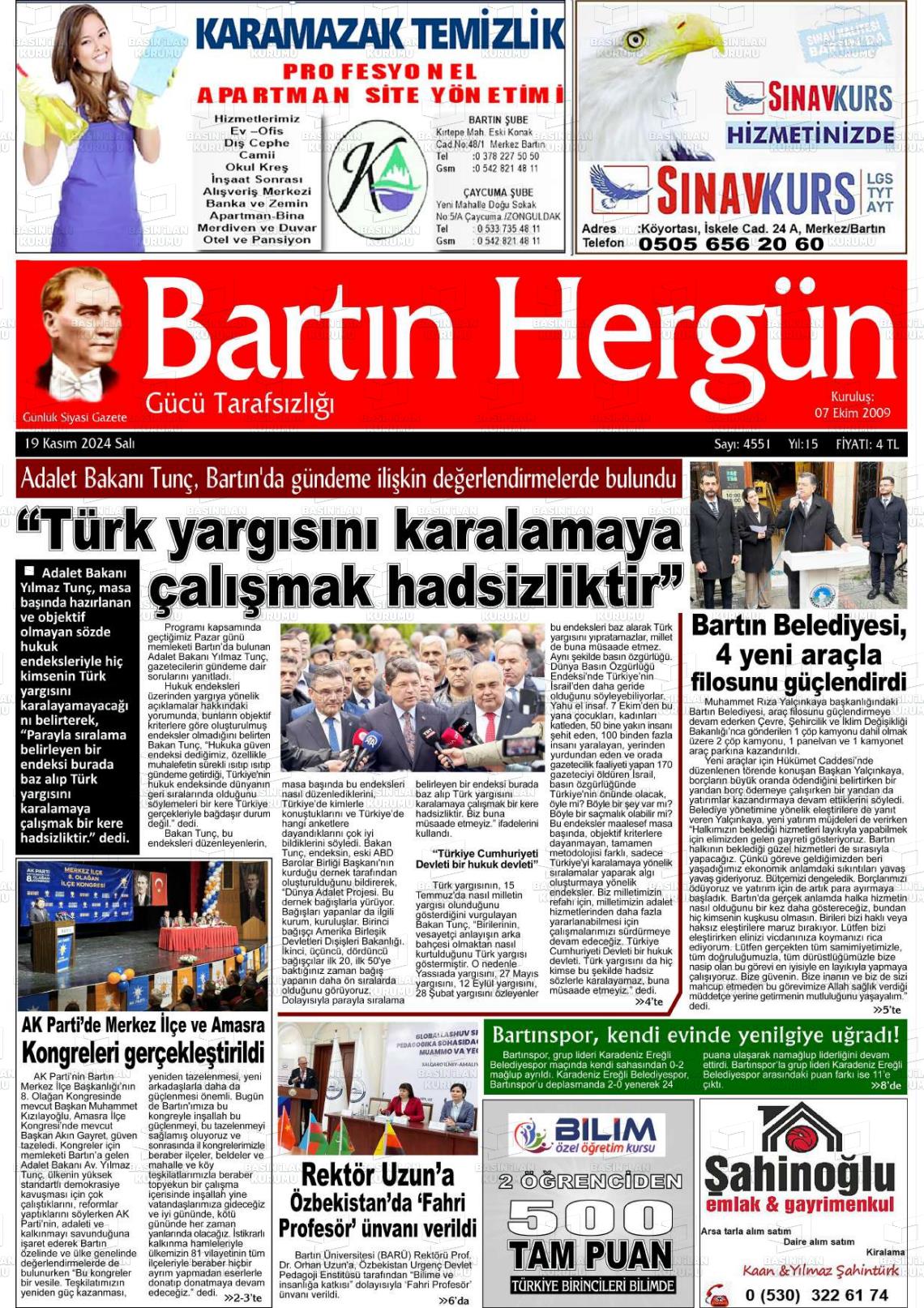 19 Kasım 2024 Bartın Hergün Gazete Manşeti