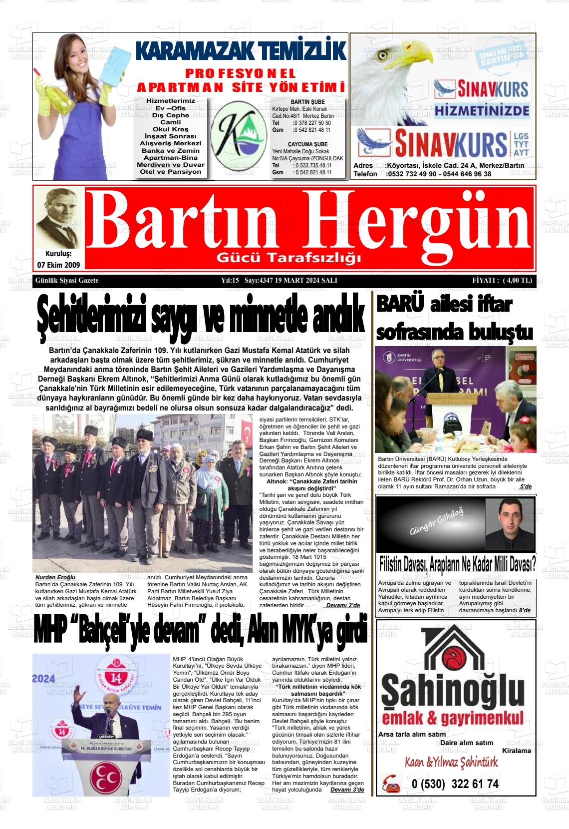 19 Mart 2024 Bartın Hergün Gazete Manşeti