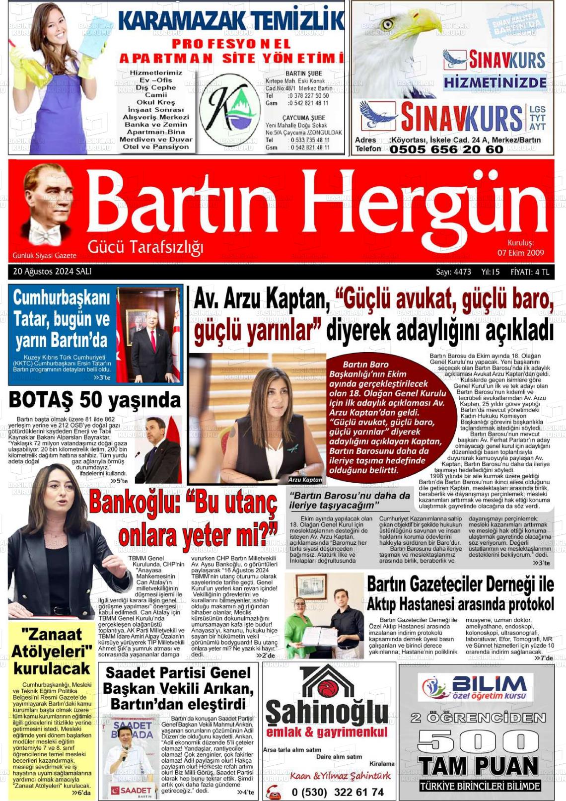 20 Ağustos 2024 Bartın Hergün Gazete Manşeti