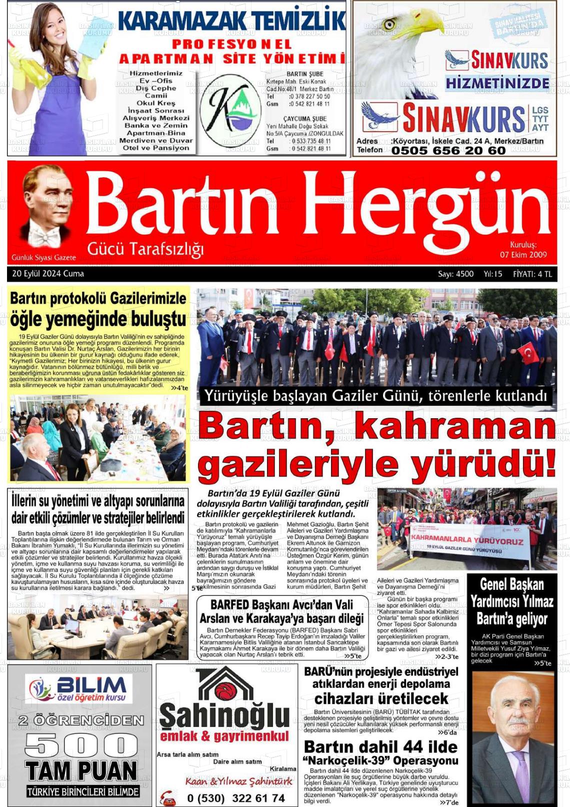 20 Eylül 2024 Bartın Hergün Gazete Manşeti