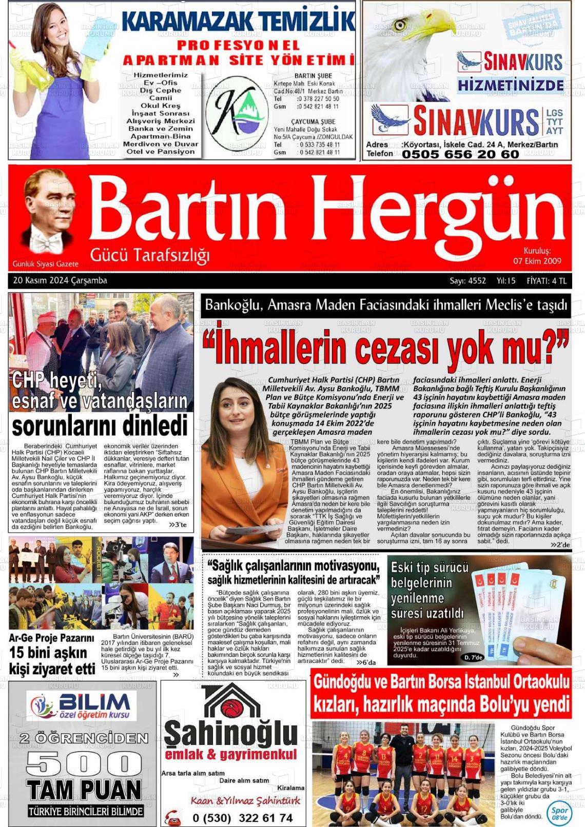 20 Kasım 2024 Bartın Hergün Gazete Manşeti