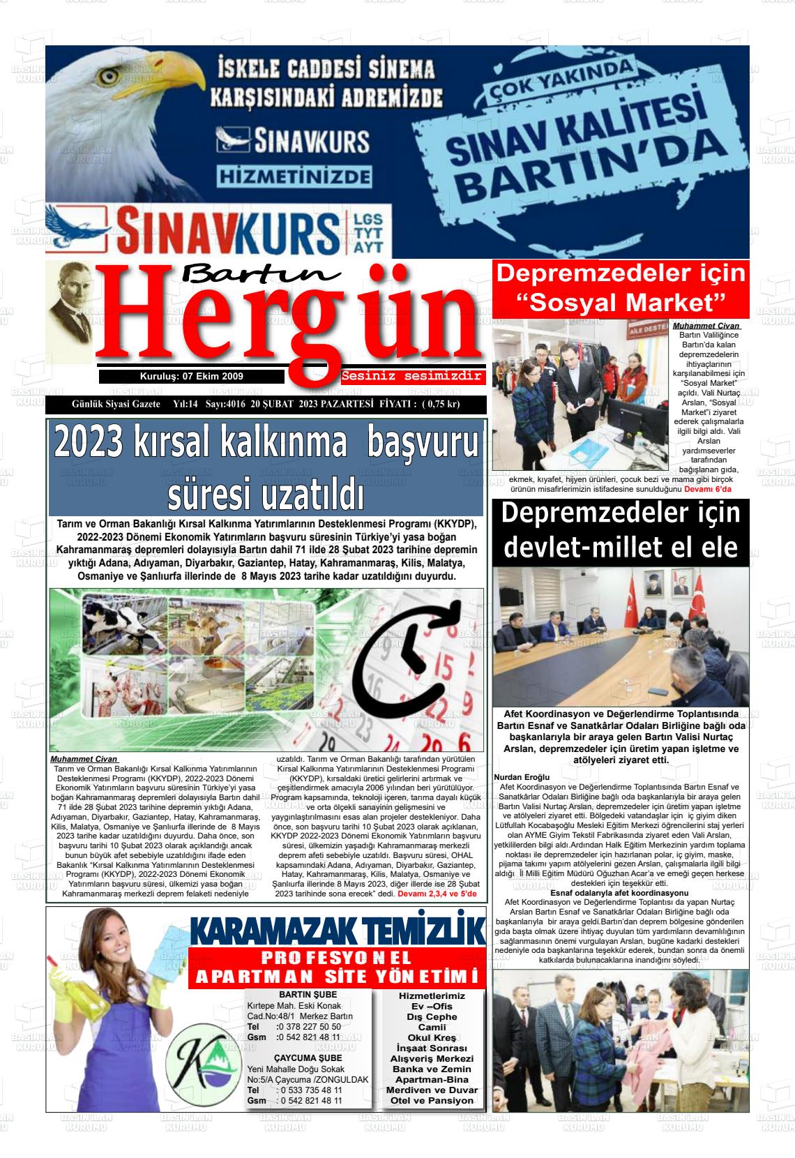 20 Şubat 2023 Bartın Hergün Gazete Manşeti