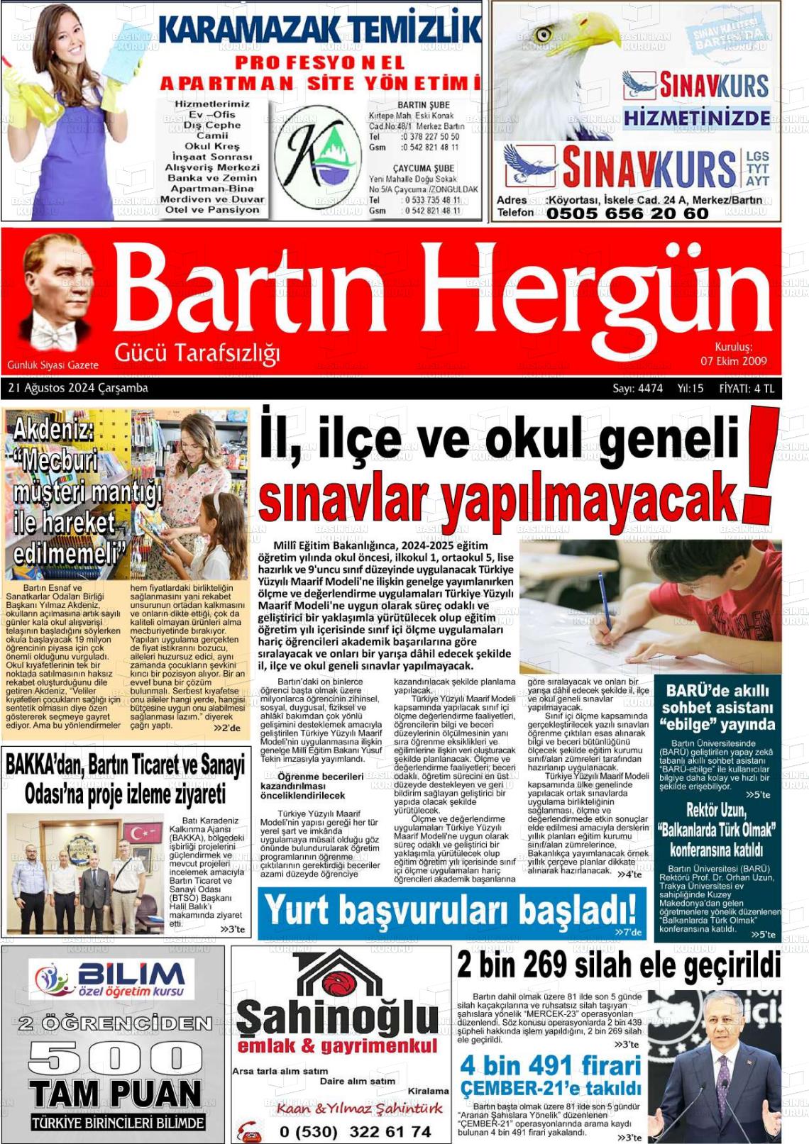 21 Ağustos 2024 Bartın Hergün Gazete Manşeti