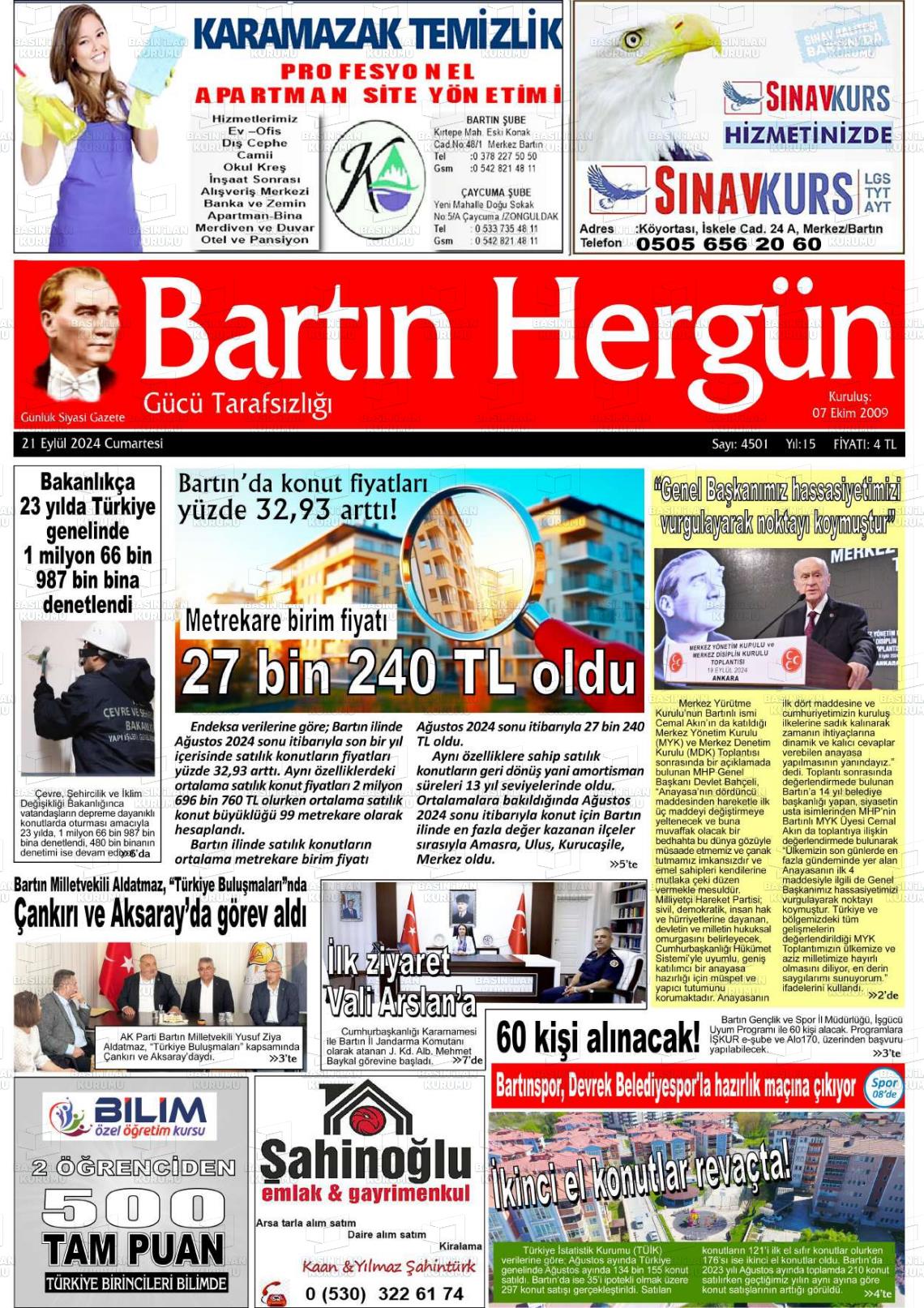 21 Eylül 2024 Bartın Hergün Gazete Manşeti