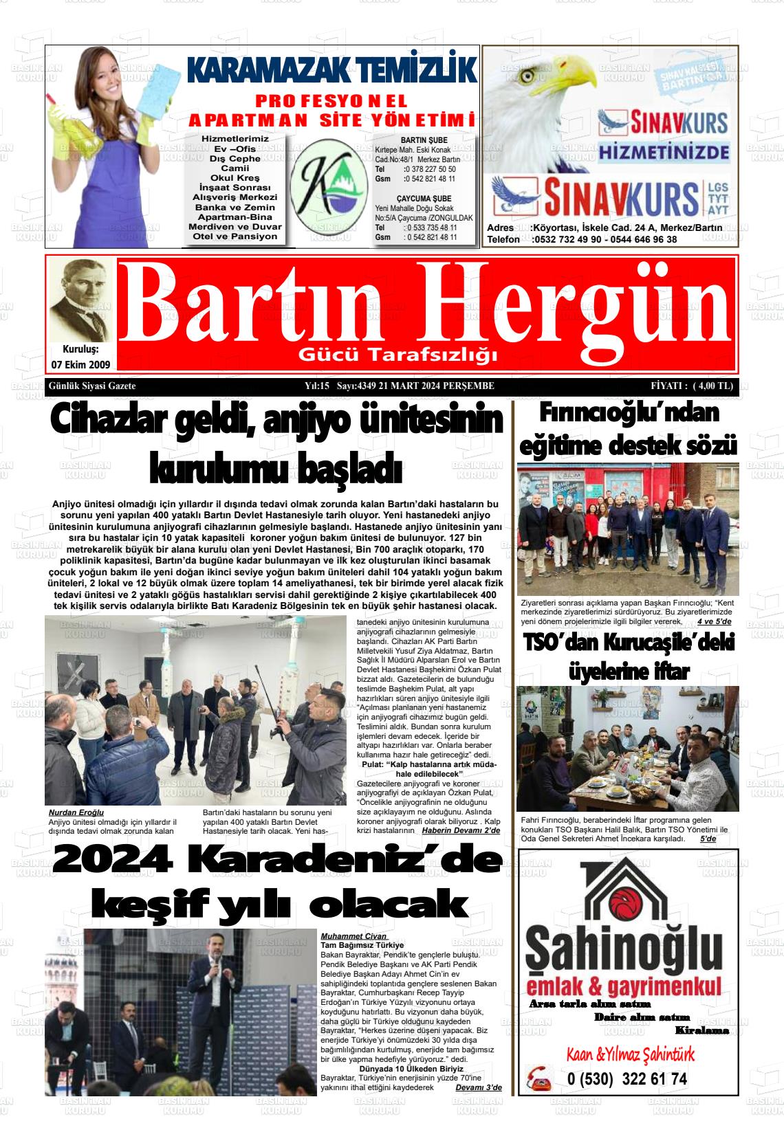 21 Mart 2024 Bartın Hergün Gazete Manşeti