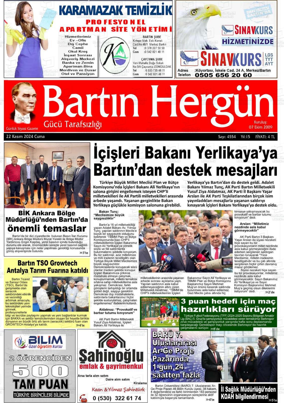 22 Kasım 2024 Bartın Hergün Gazete Manşeti