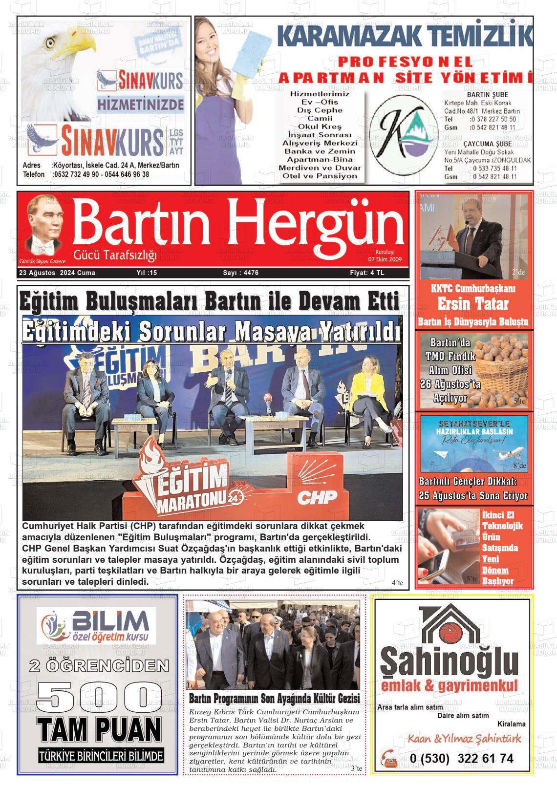 23 Ağustos 2024 Bartın Hergün Gazete Manşeti