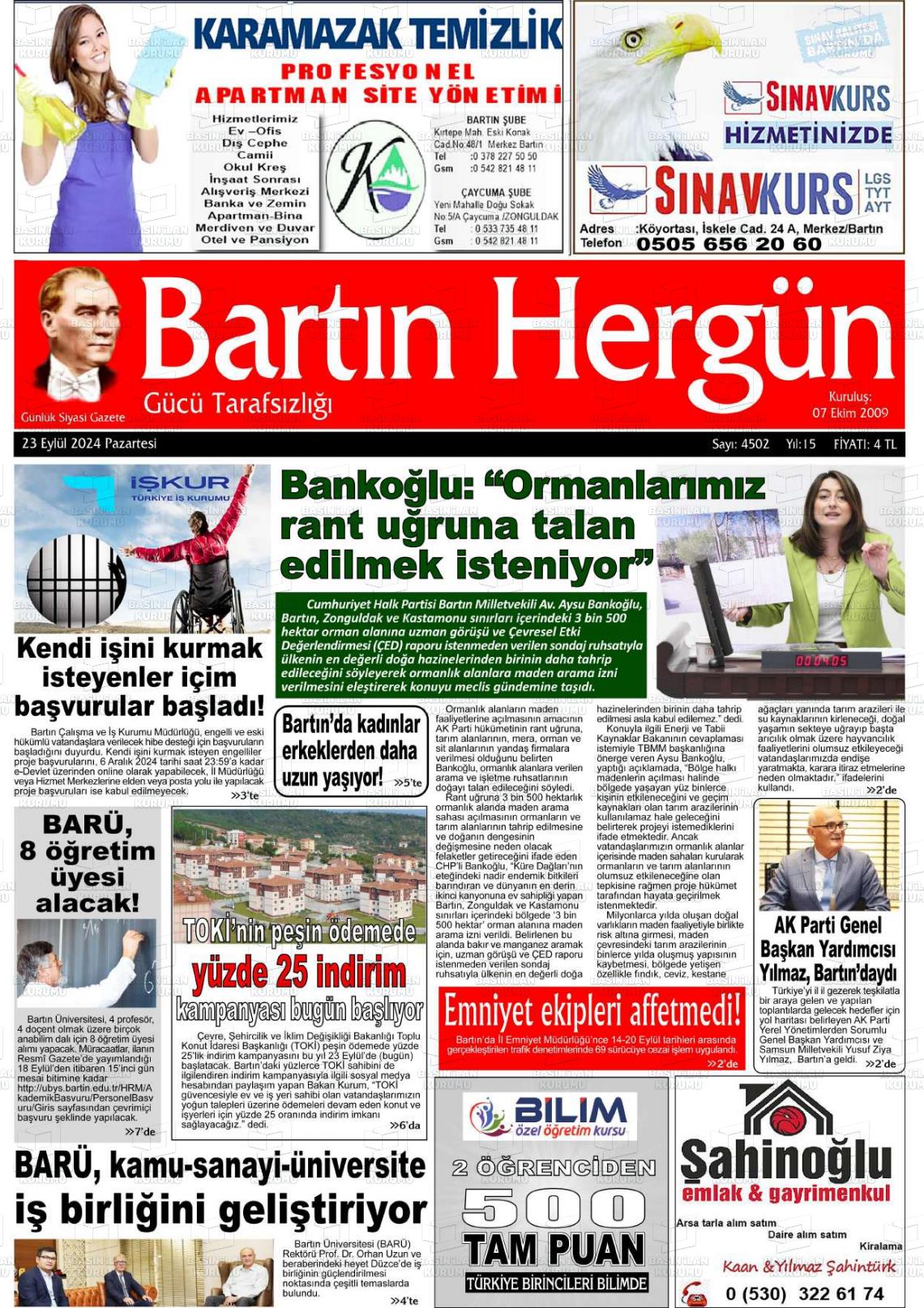 23 Eylül 2024 Bartın Hergün Gazete Manşeti