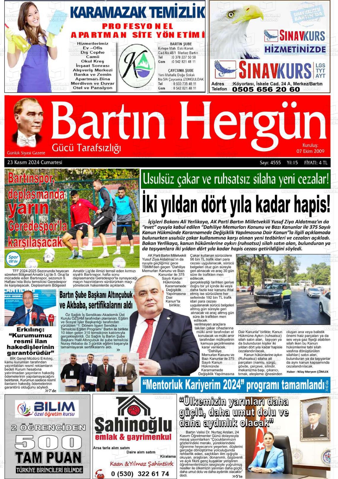 23 Kasım 2024 Bartın Hergün Gazete Manşeti