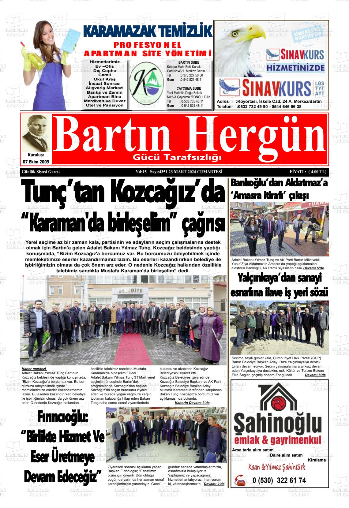 23 Mart 2024 Bartın Hergün Gazete Manşeti