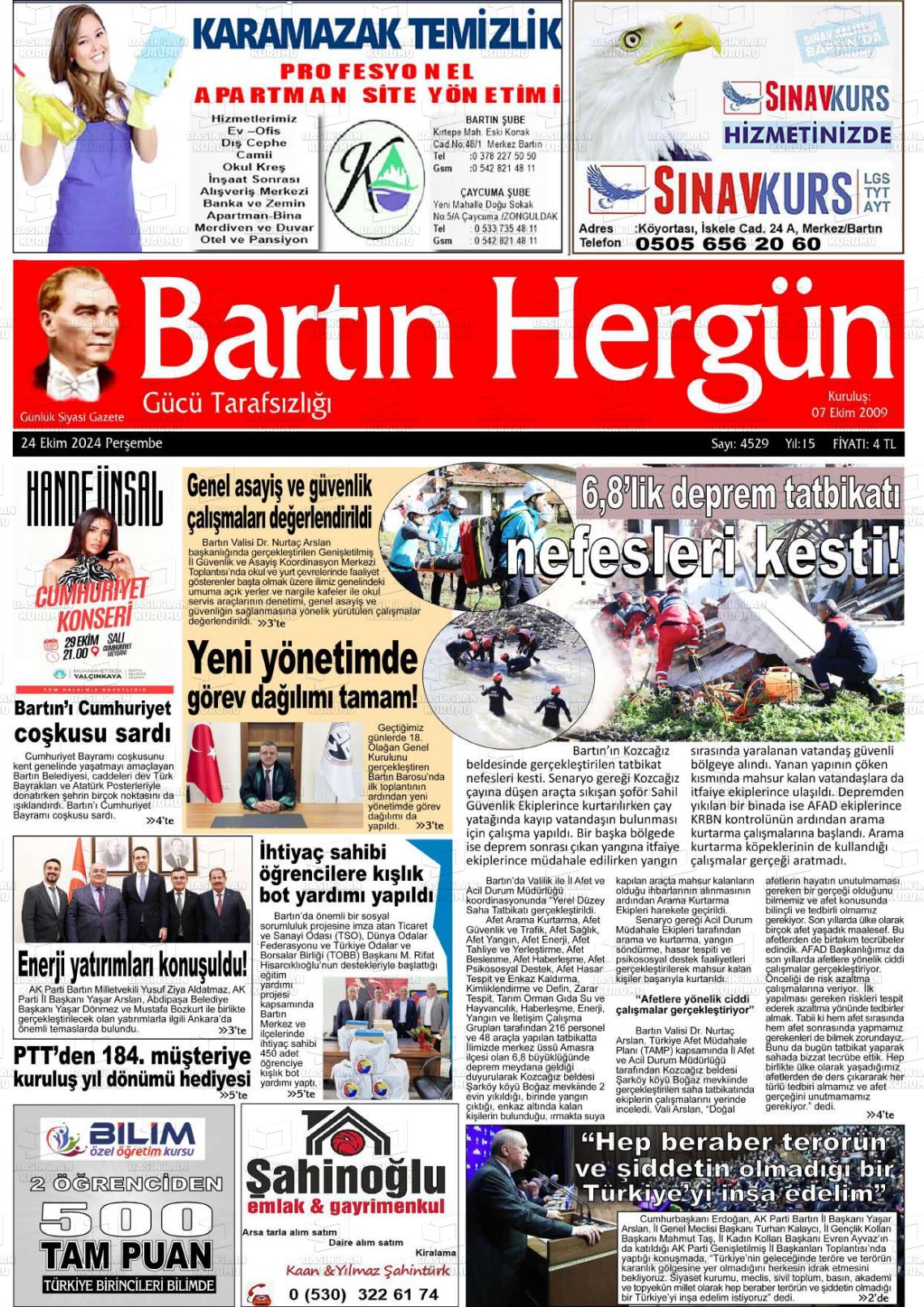 24 Ekim 2024 Bartın Hergün Gazete Manşeti