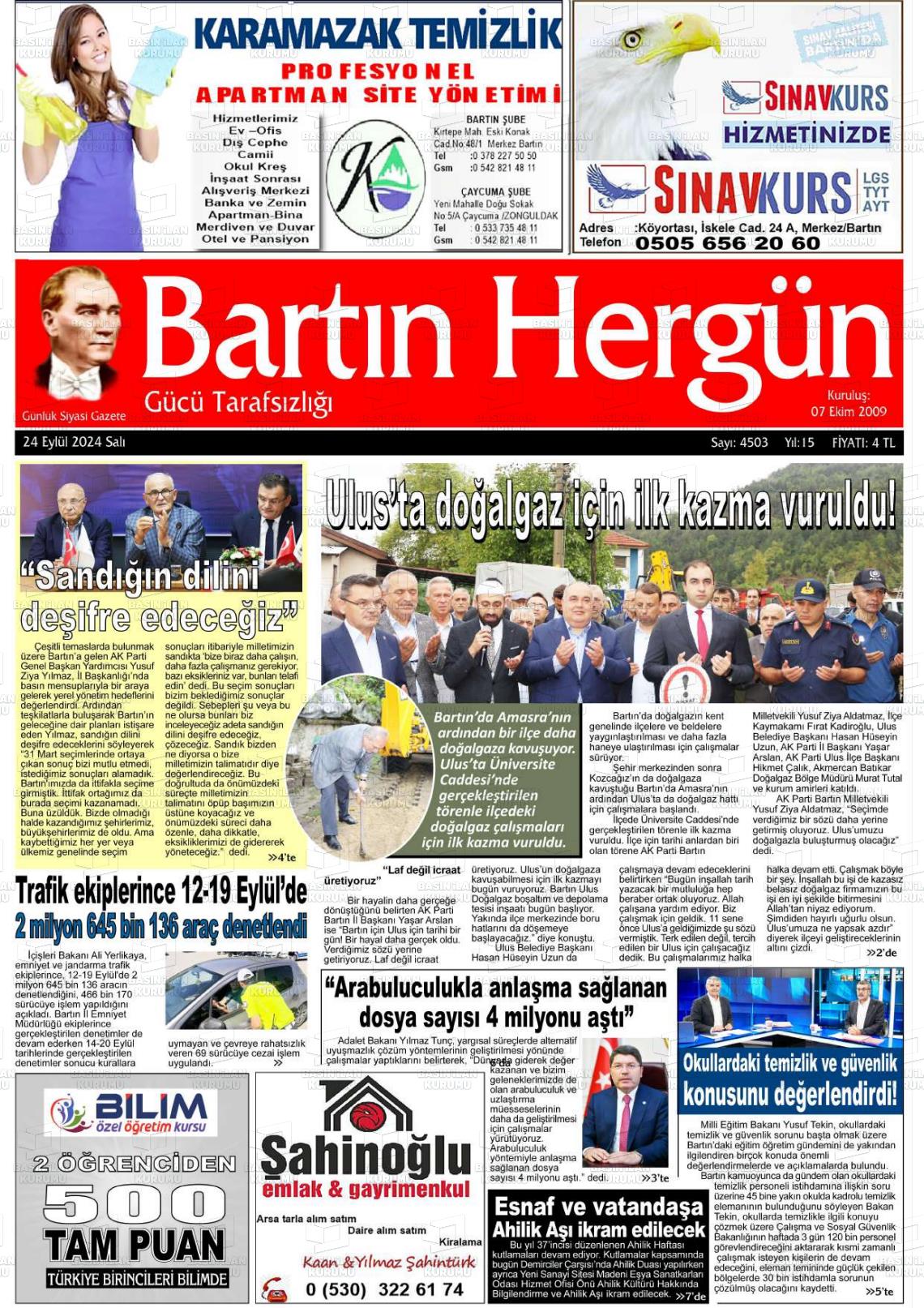 24 Eylül 2024 Bartın Hergün Gazete Manşeti