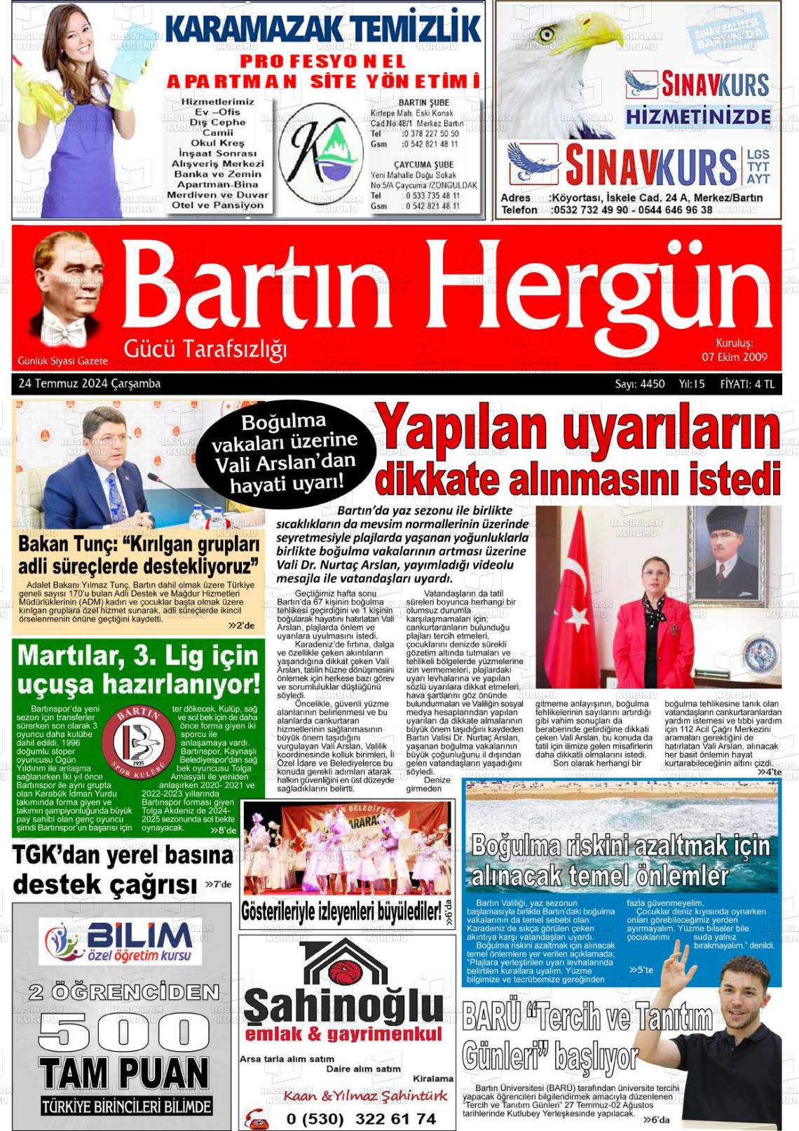 24 Temmuz 2024 Bartın Hergün Gazete Manşeti