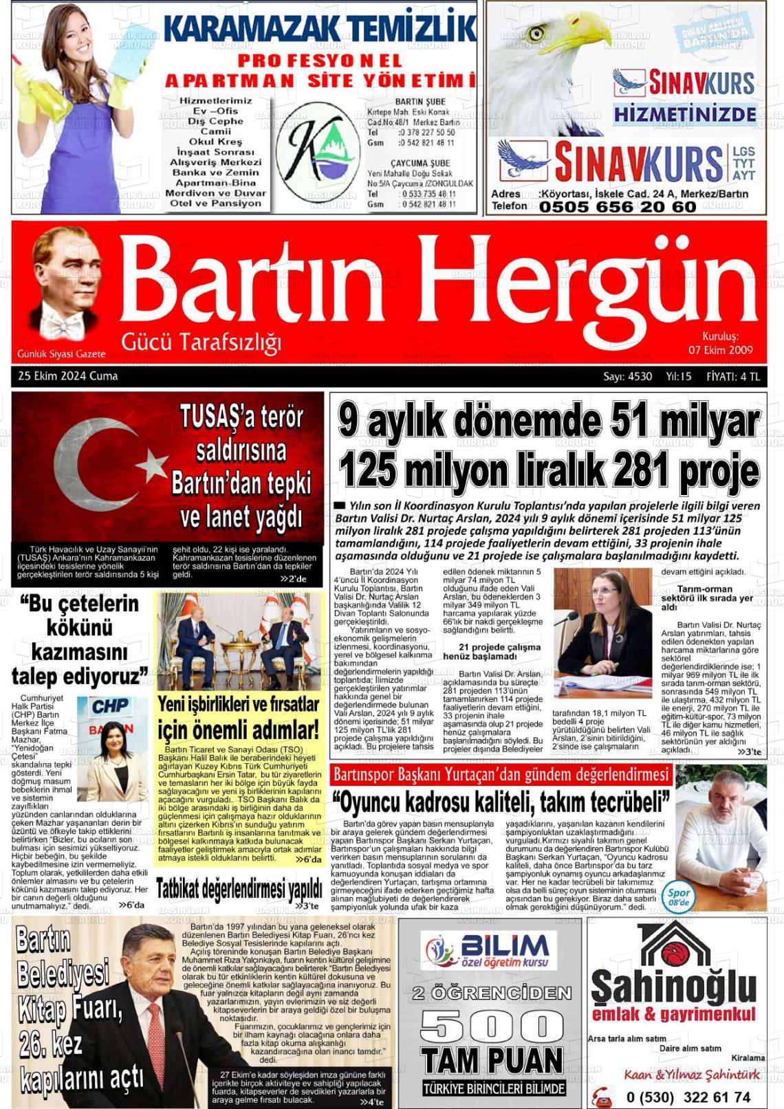 25 Ekim 2024 Bartın Hergün Gazete Manşeti