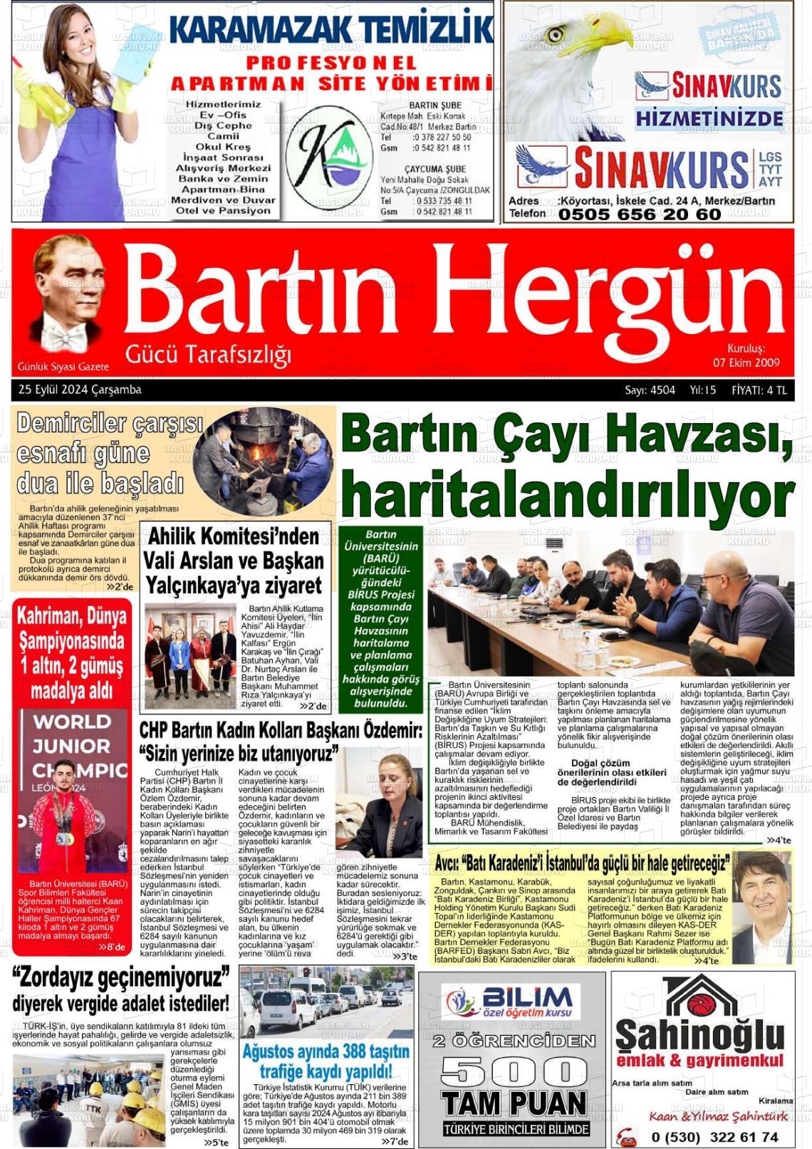 25 Eylül 2024 Bartın Hergün Gazete Manşeti