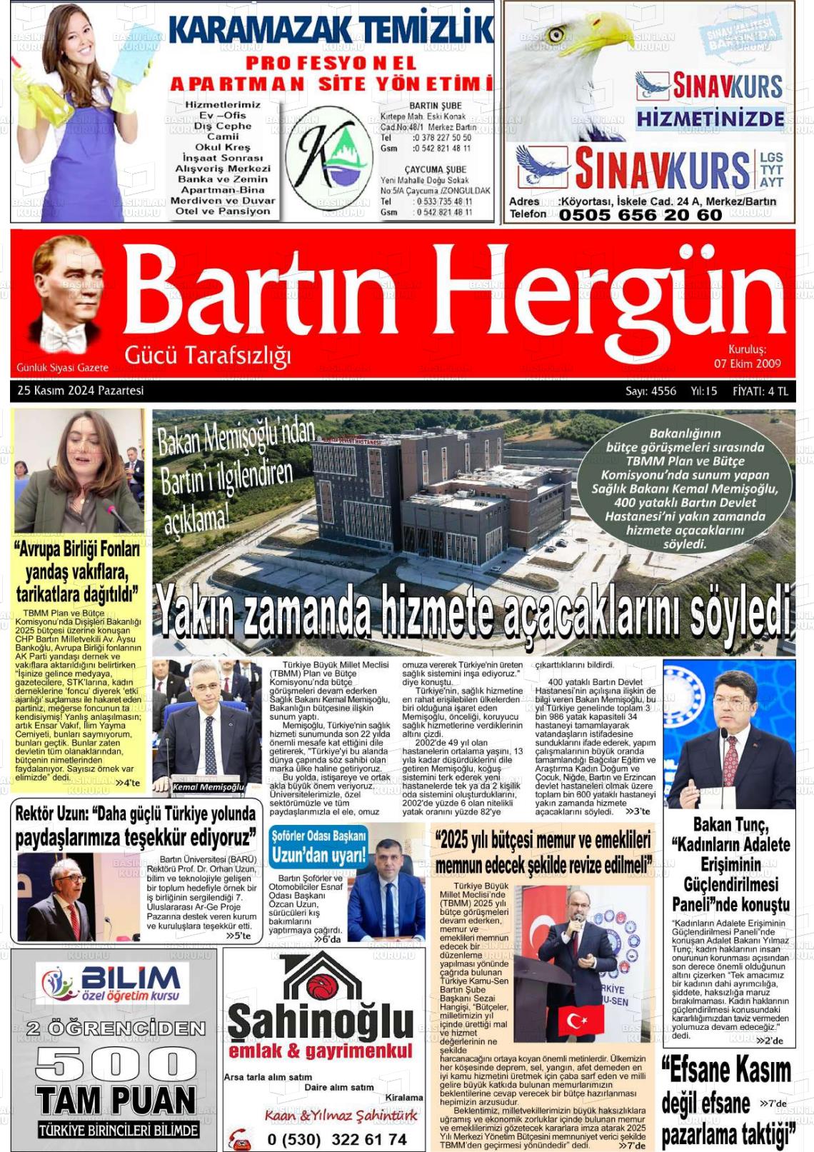 25 Kasım 2024 Bartın Hergün Gazete Manşeti