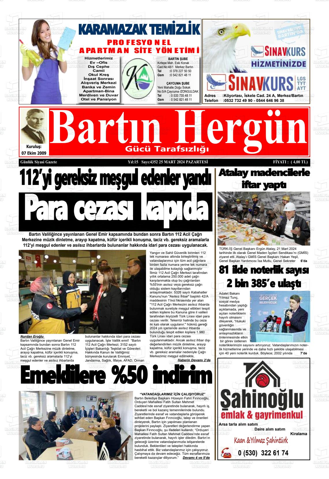 25 Mart 2024 Bartın Hergün Gazete Manşeti