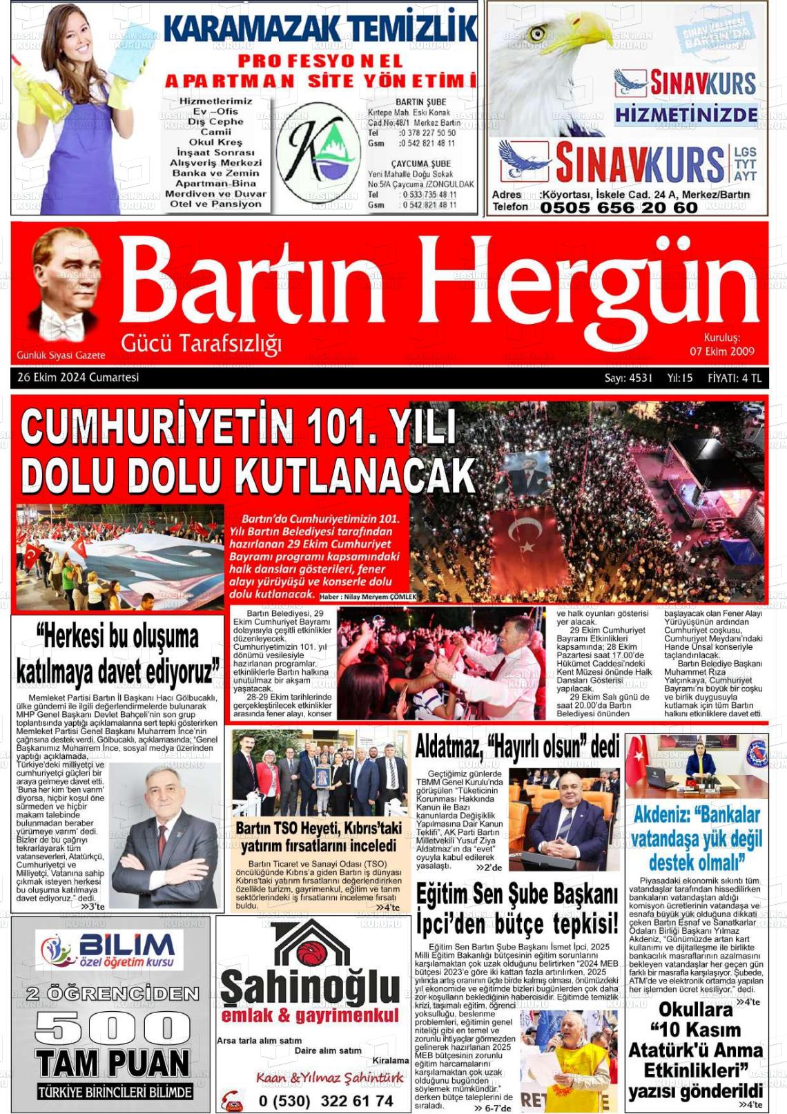 26 Ekim 2024 Bartın Hergün Gazete Manşeti