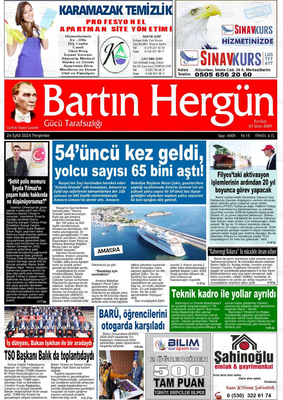 26 Eylül 2024 Bartın Hergün Gazete Manşeti