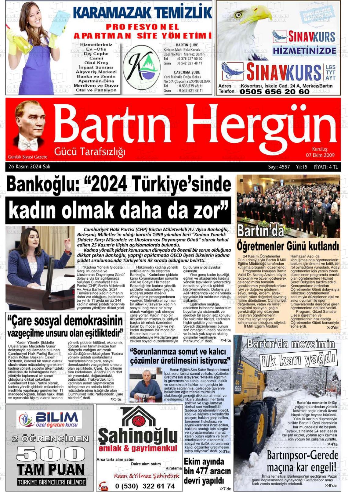 26 Kasım 2024 Bartın Hergün Gazete Manşeti