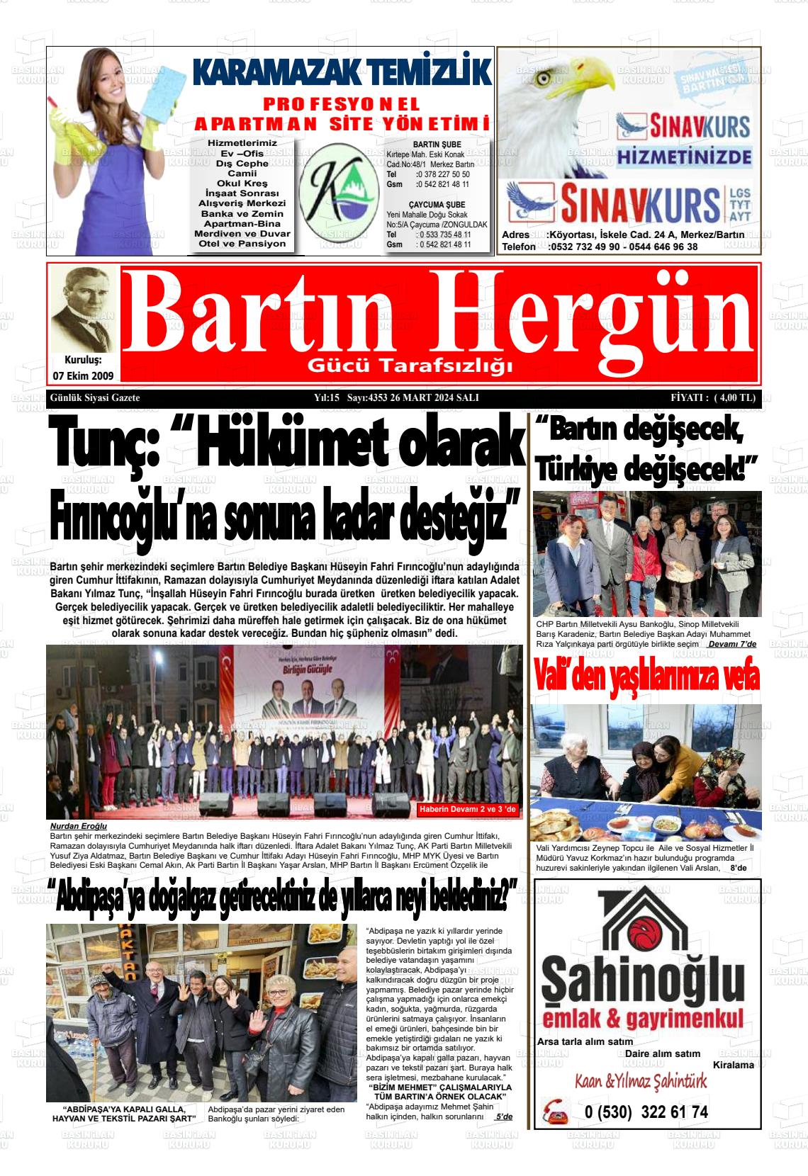 26 Mart 2024 Bartın Hergün Gazete Manşeti