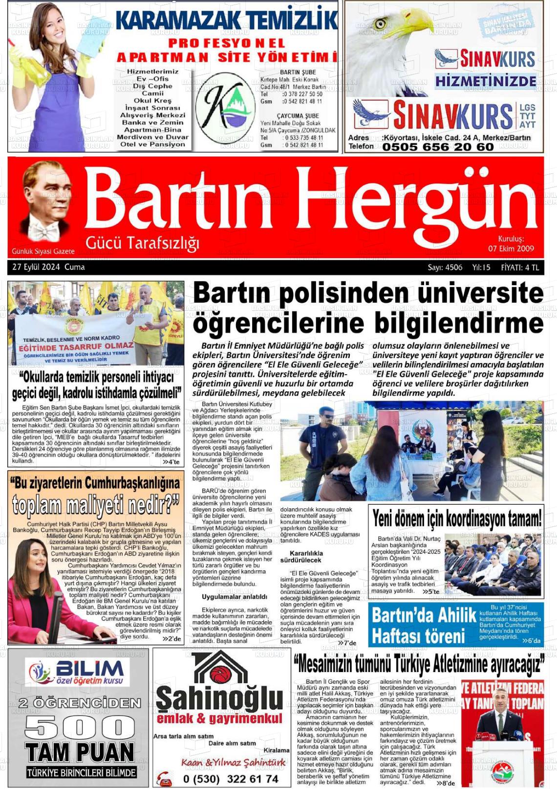 27 Eylül 2024 Bartın Hergün Gazete Manşeti