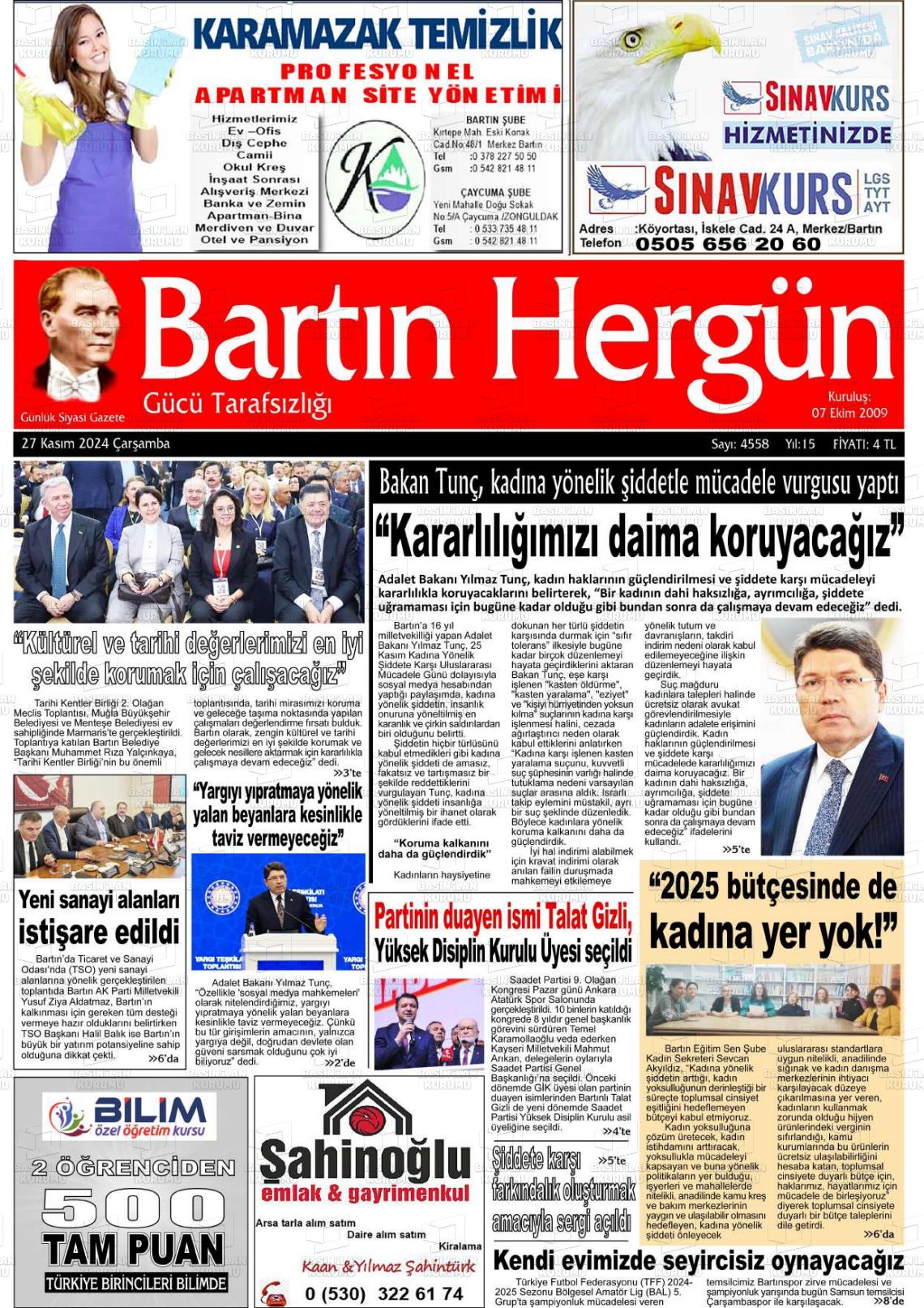 27 Kasım 2024 Bartın Hergün Gazete Manşeti