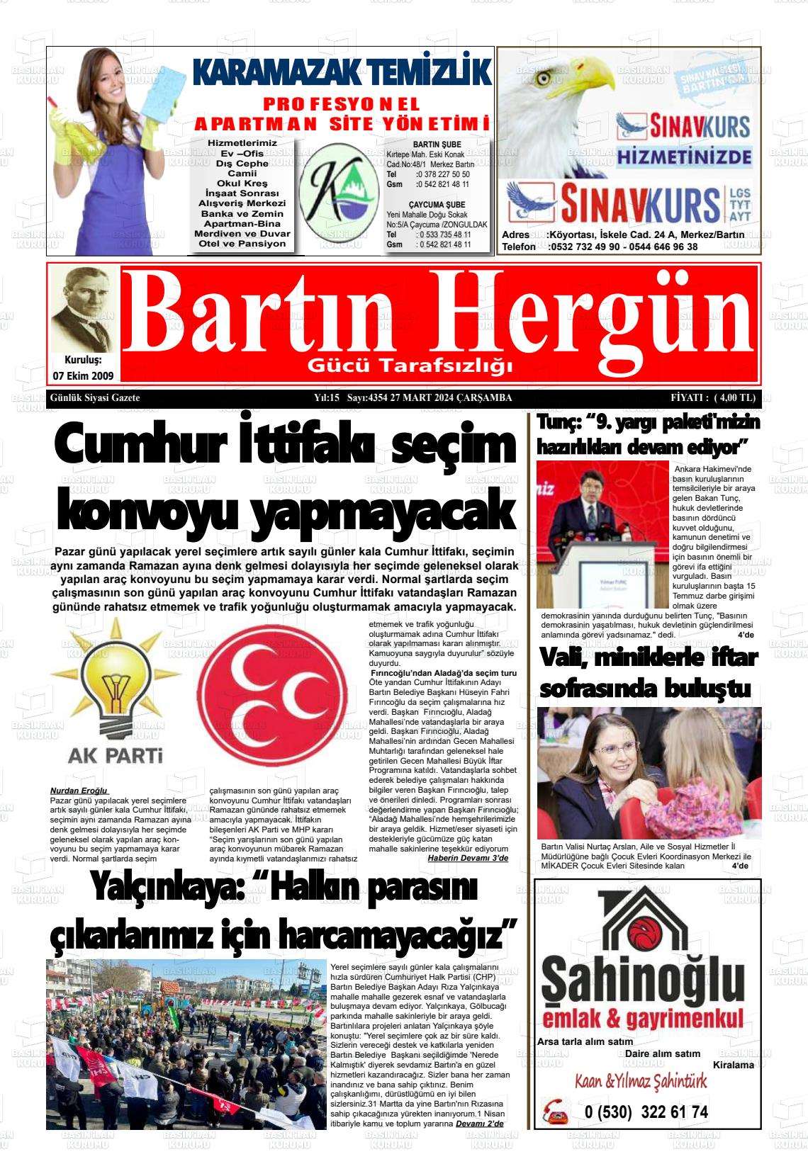 27 Mart 2024 Bartın Hergün Gazete Manşeti