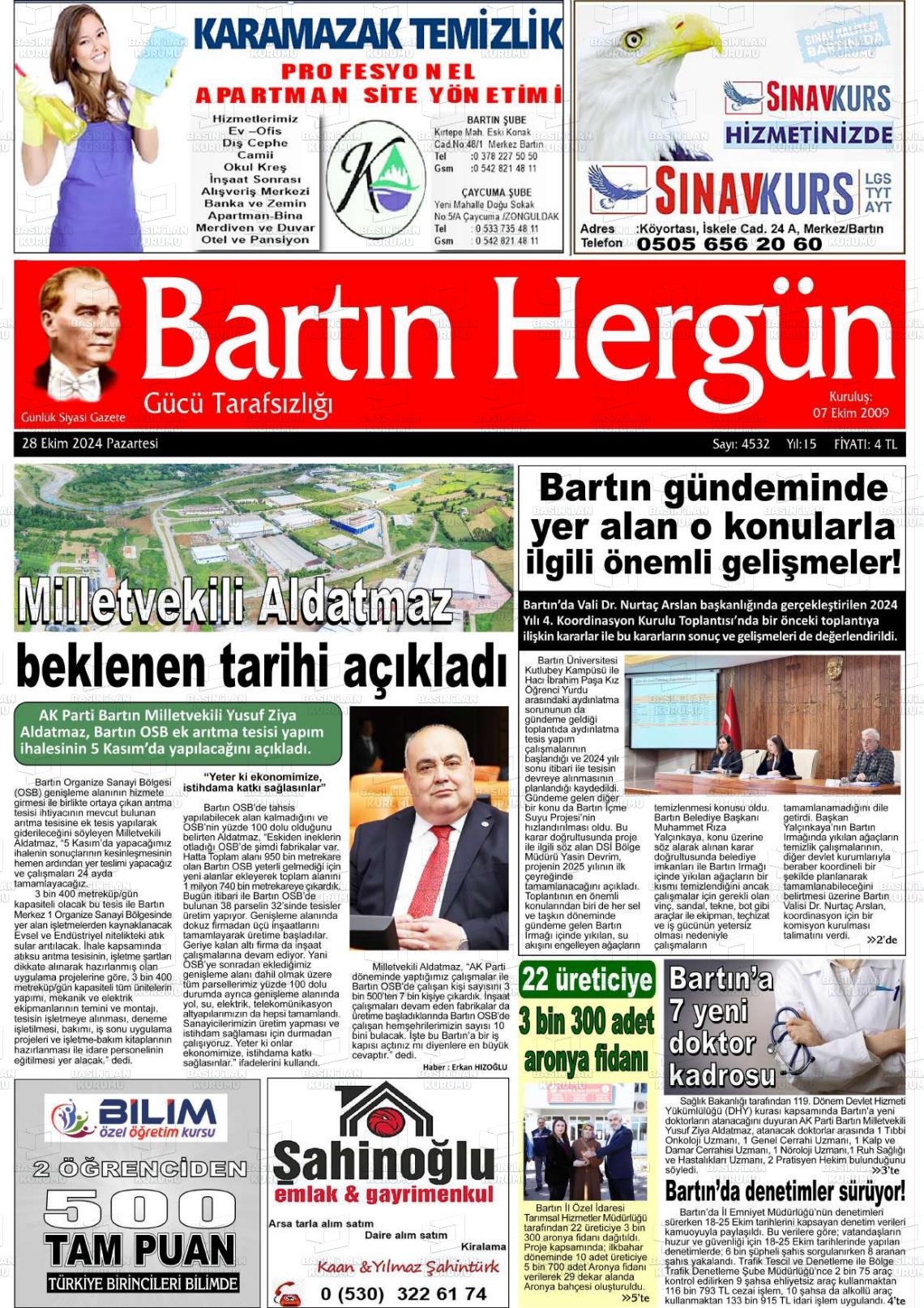 28 Ekim 2024 Bartın Hergün Gazete Manşeti