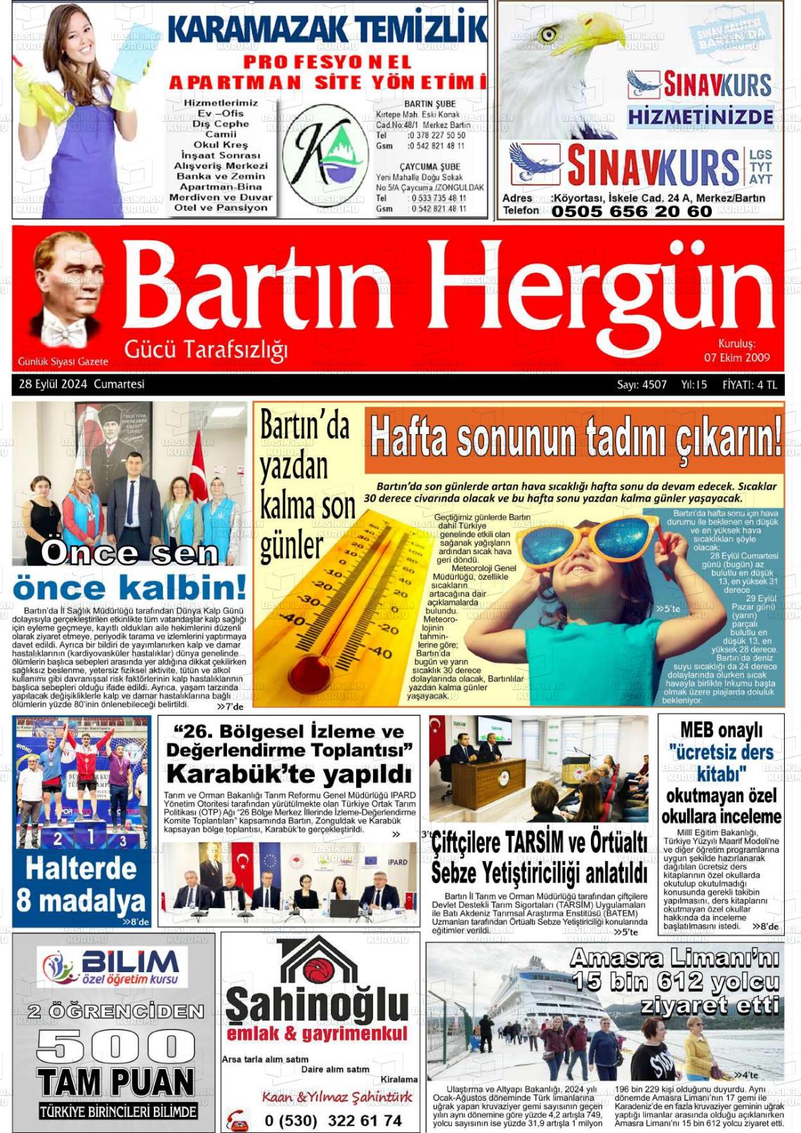 28 Eylül 2024 Bartın Hergün Gazete Manşeti