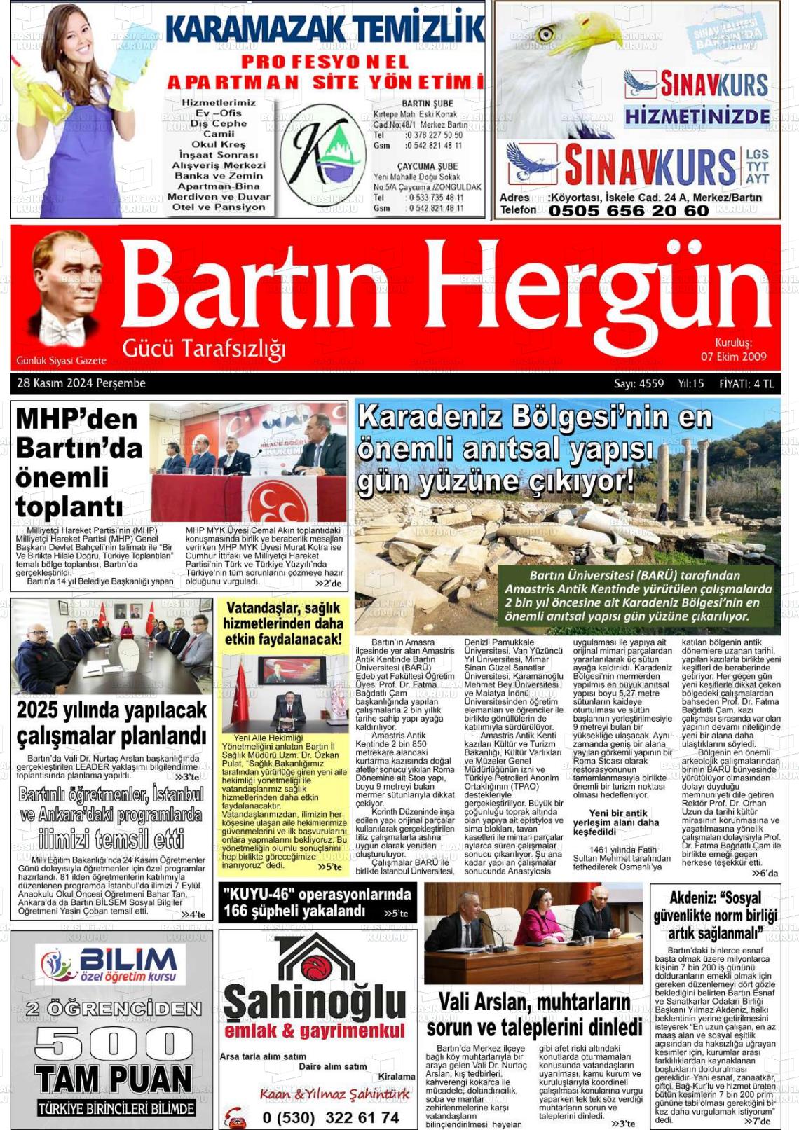 02 Aralık 2024 Bartın Hergün Gazete Manşeti