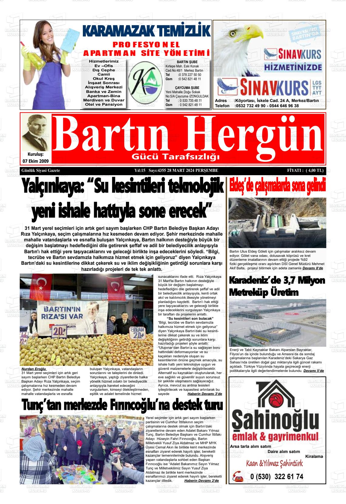 28 Mart 2024 Bartın Hergün Gazete Manşeti